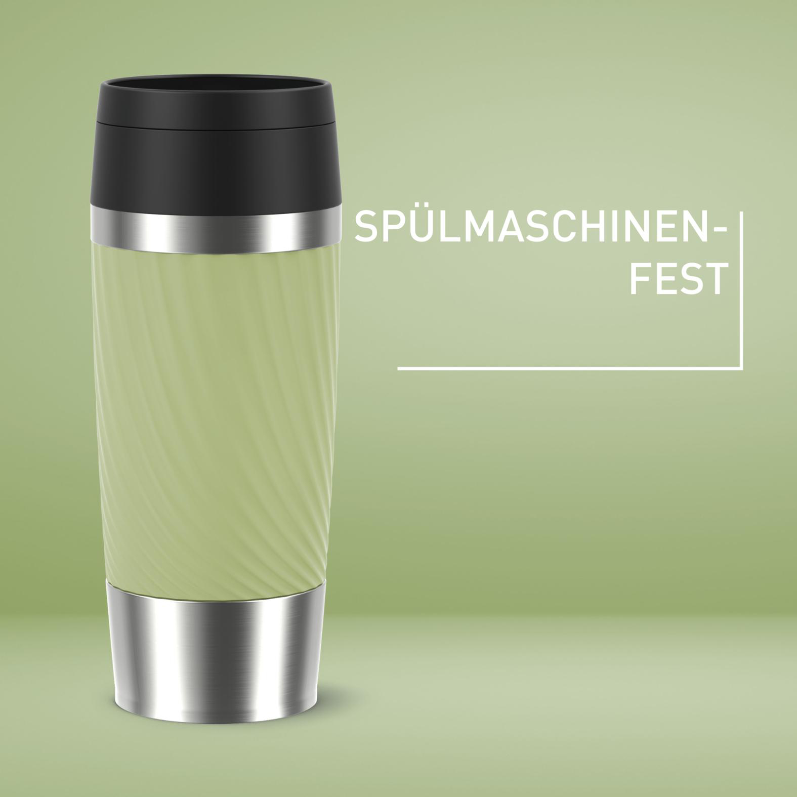 Ein grüner und silberner Reisebecher mit schwarzem Deckel. Text lautet 'Spülmaschinen-Fest' auf grünem Hintergrund.