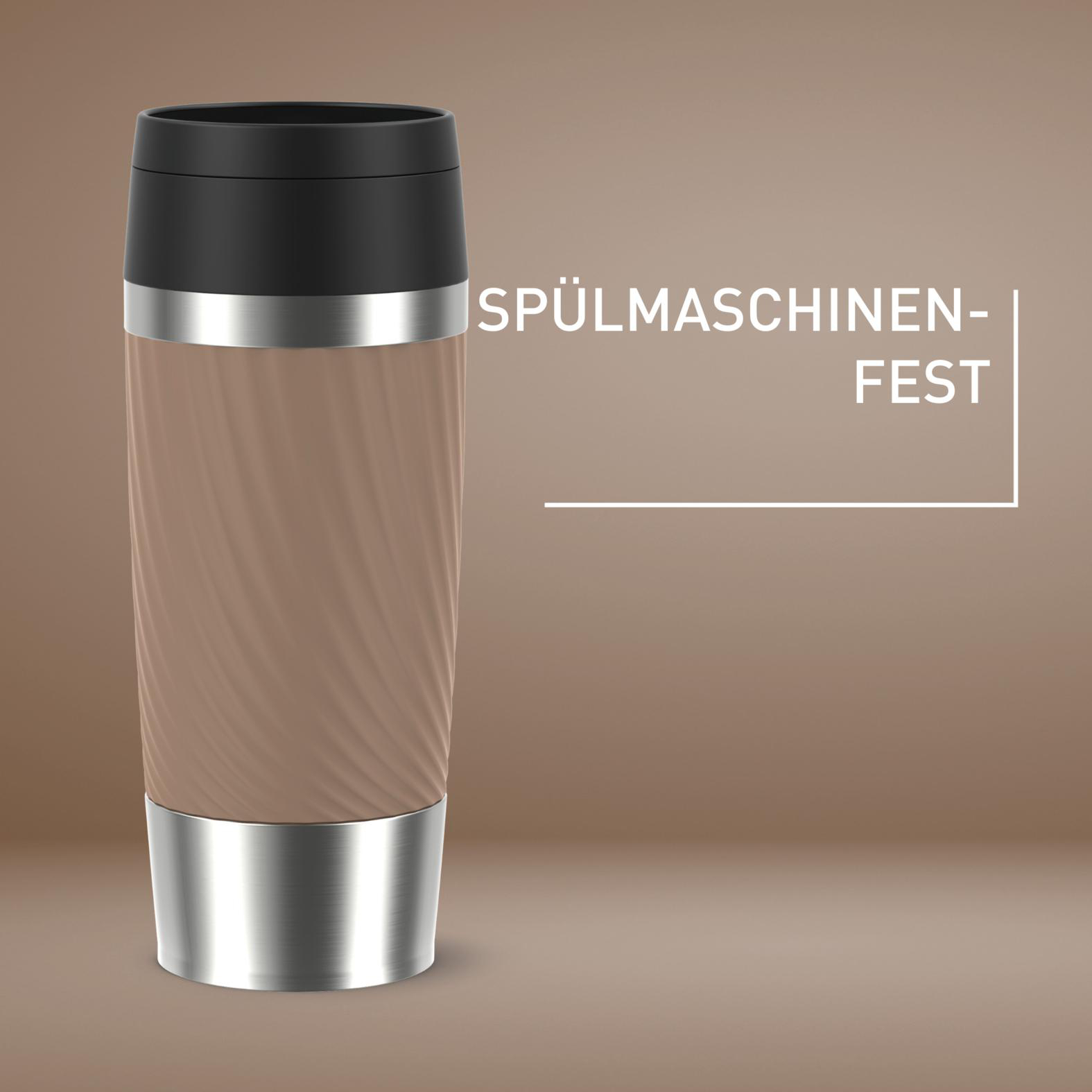 Becher mit schwarzem Deckel, silbernen Bändern und braunem Hintergrund mit Text: SPÜLMASCHINEN-FEST.