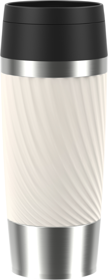 Ein weißer Reisebecher mit schwarzem Deckel und silbernen Bändern. Der Körper hat ein Wirbeldesign.