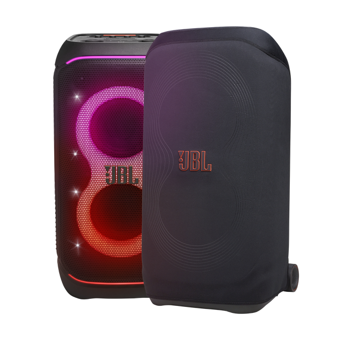 Ein schwarzer JBL-Lautsprecher mit beleuchteter Front, die rote, rosa und weiße Lichter zeigt. Daneben ist eine schwarze Abdeckung.