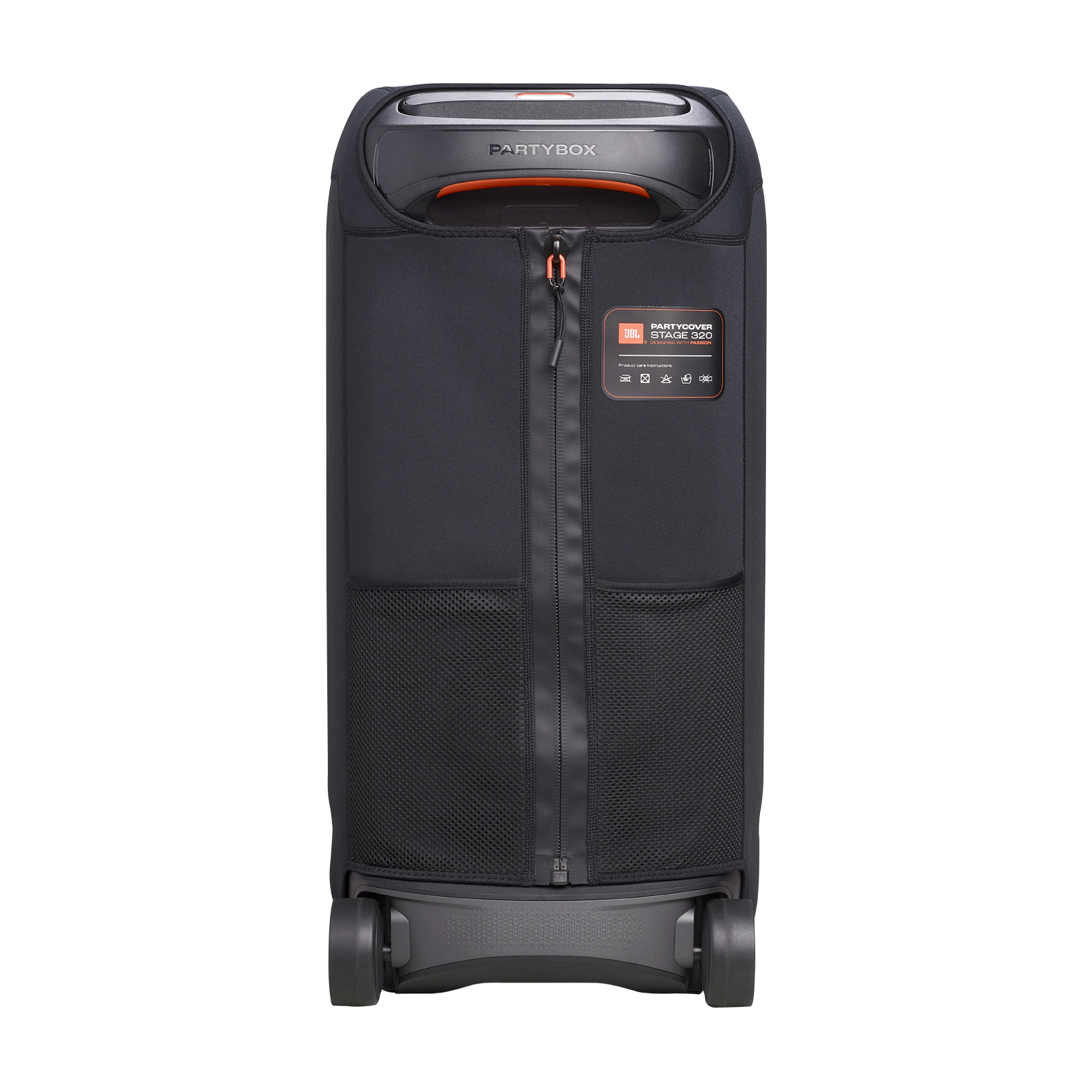 Schwarze JBL PartyBox-Lautsprecherabdeckung mit Reißverschluss, Rädern und orangefarbenen Akzenten. Enthält JBL-Logo.
