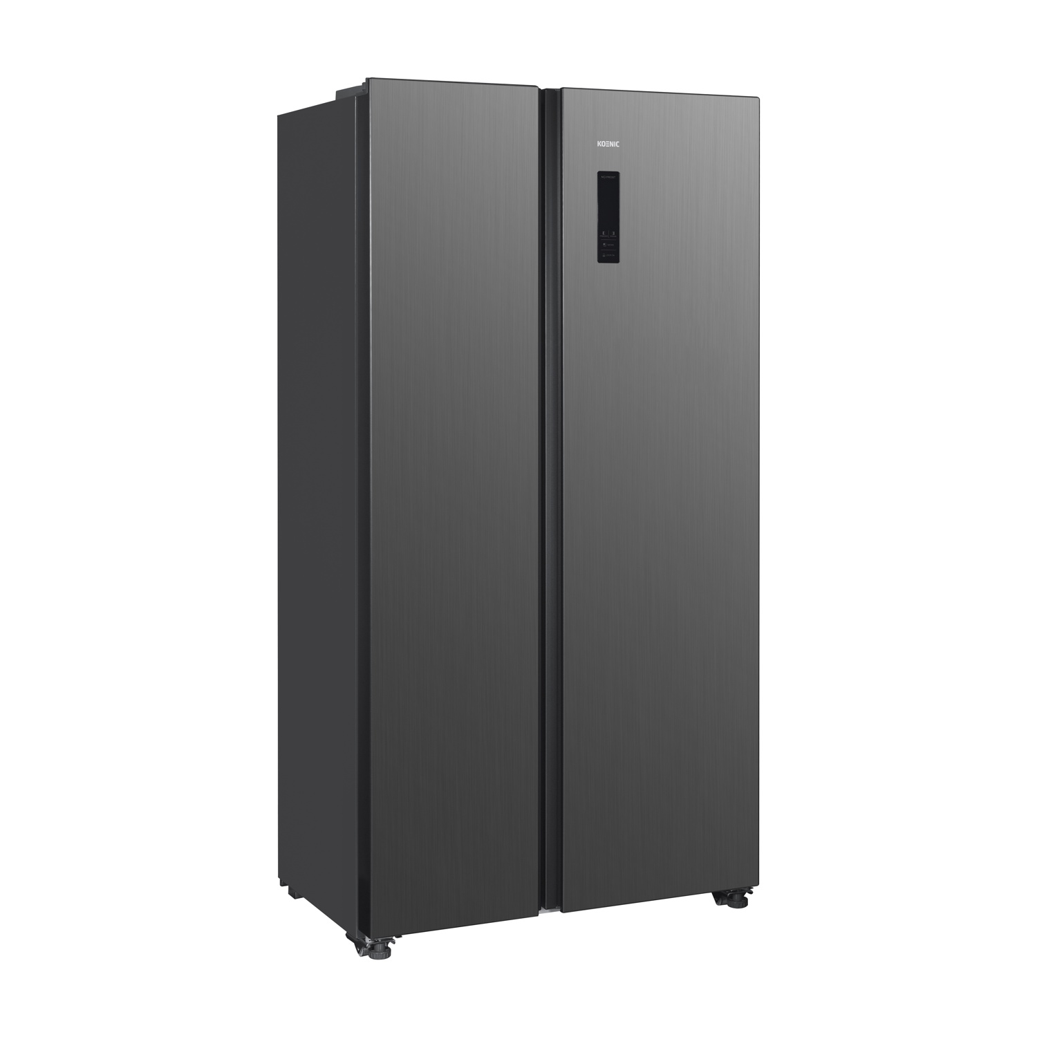 Un frigorifero Koenic grigio scuro side-by-side. Ha due porte, un display digitale ed è su ruote. Lo sfondo è bianco.