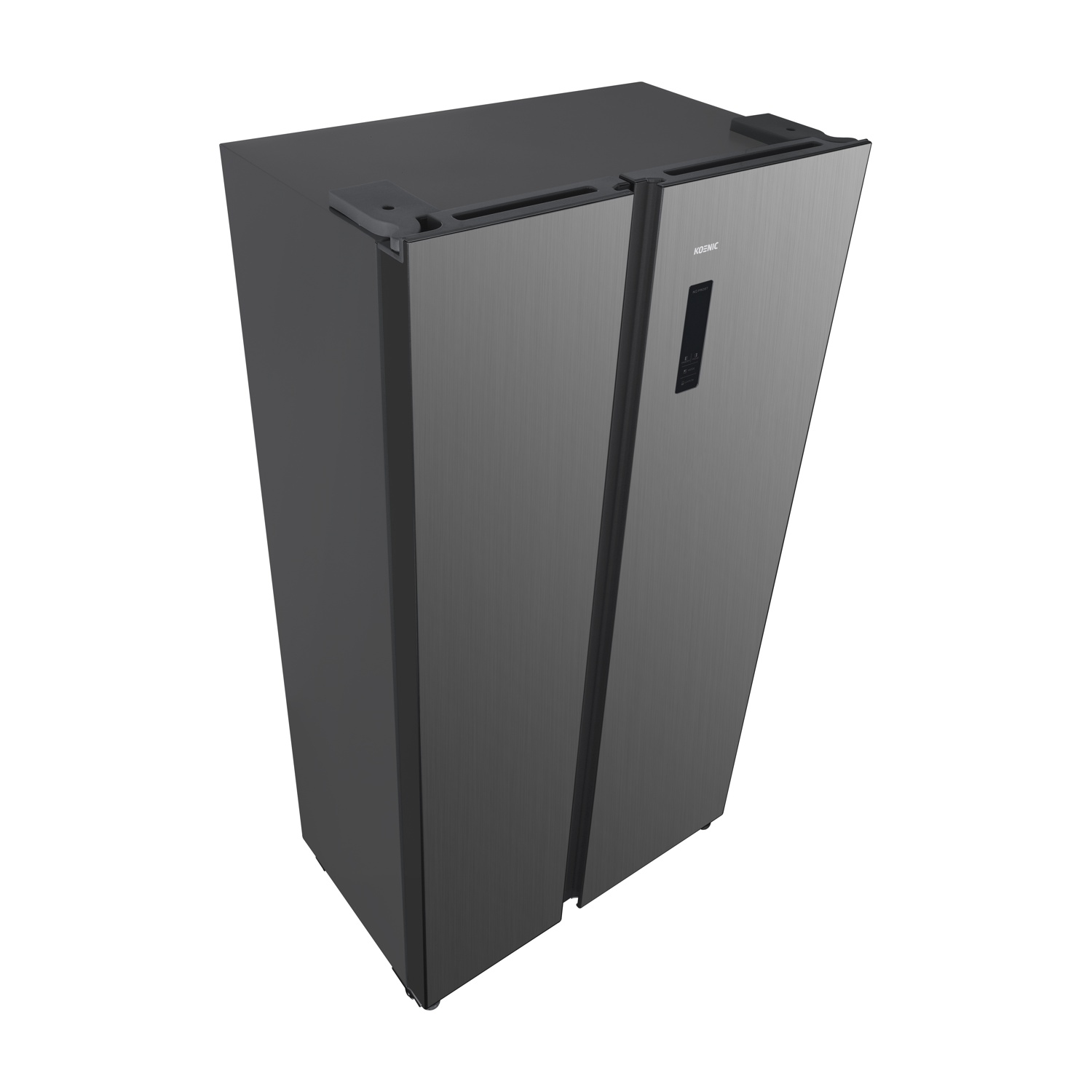 Un frigorifero Koenic grigio, con due porte, su sfondo bianco. Ha un display digitale e una finitura in metallo spazzolato.