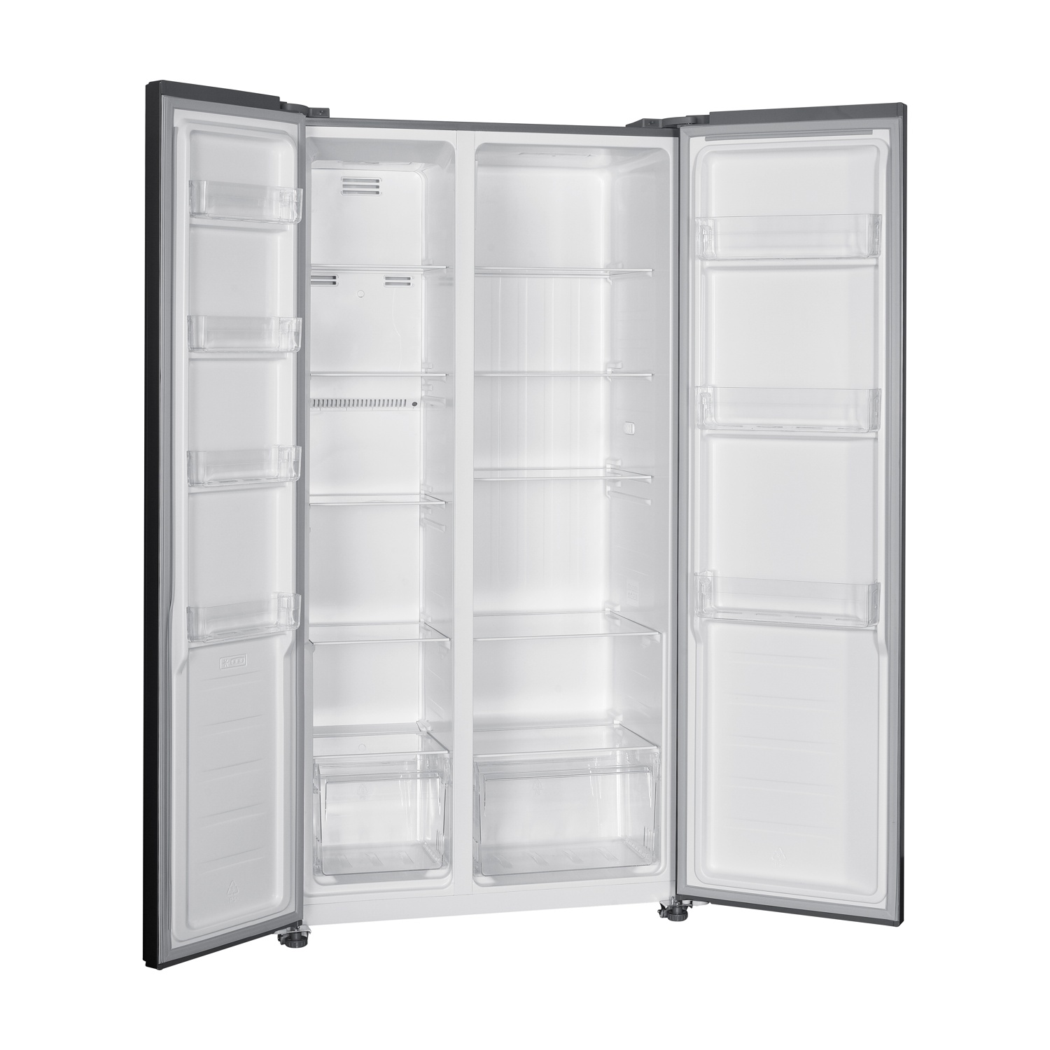 Frigorifero aperto, vuoto, con cornice nera e due porte. L'interno mostra ripiani, cassetti e scomparti in plastica trasparente. Interno bianco.