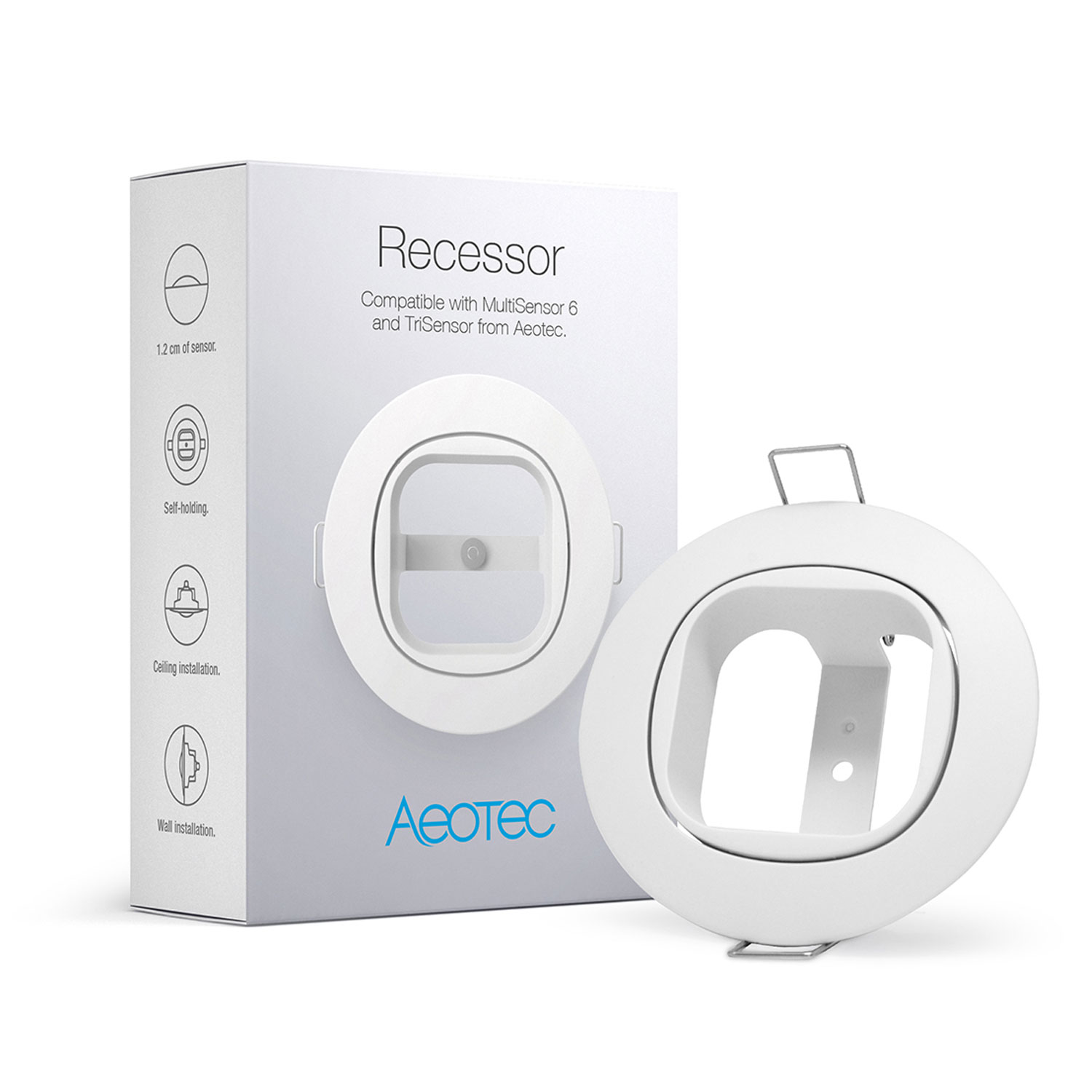 Ein weißer Aeotec Recessor-Karton und -Gerät. Die Box zeigt Produktmerkmale. Das Gerät ist rund mit einem transparenten Zentrum.