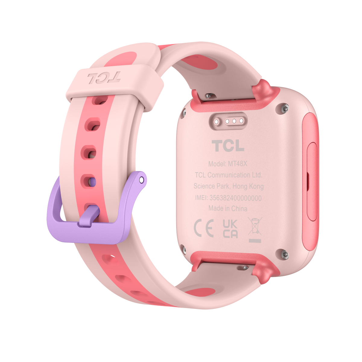 Pembe TCL akıllı saat. Mor tokalı pembe ve beyaz kayış. Arkasında TCL logosu ve model detayları var.