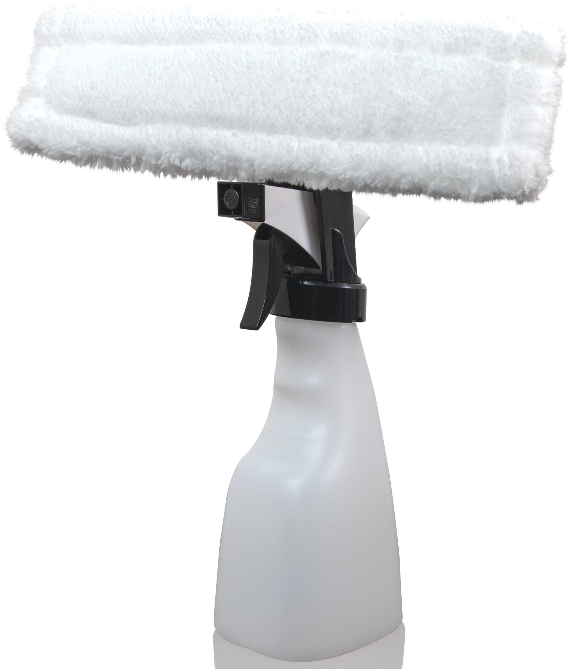 Un pulitore per vetri bianco con manico nero e tampone per la pulizia bianco e soffice, su sfondo nero.