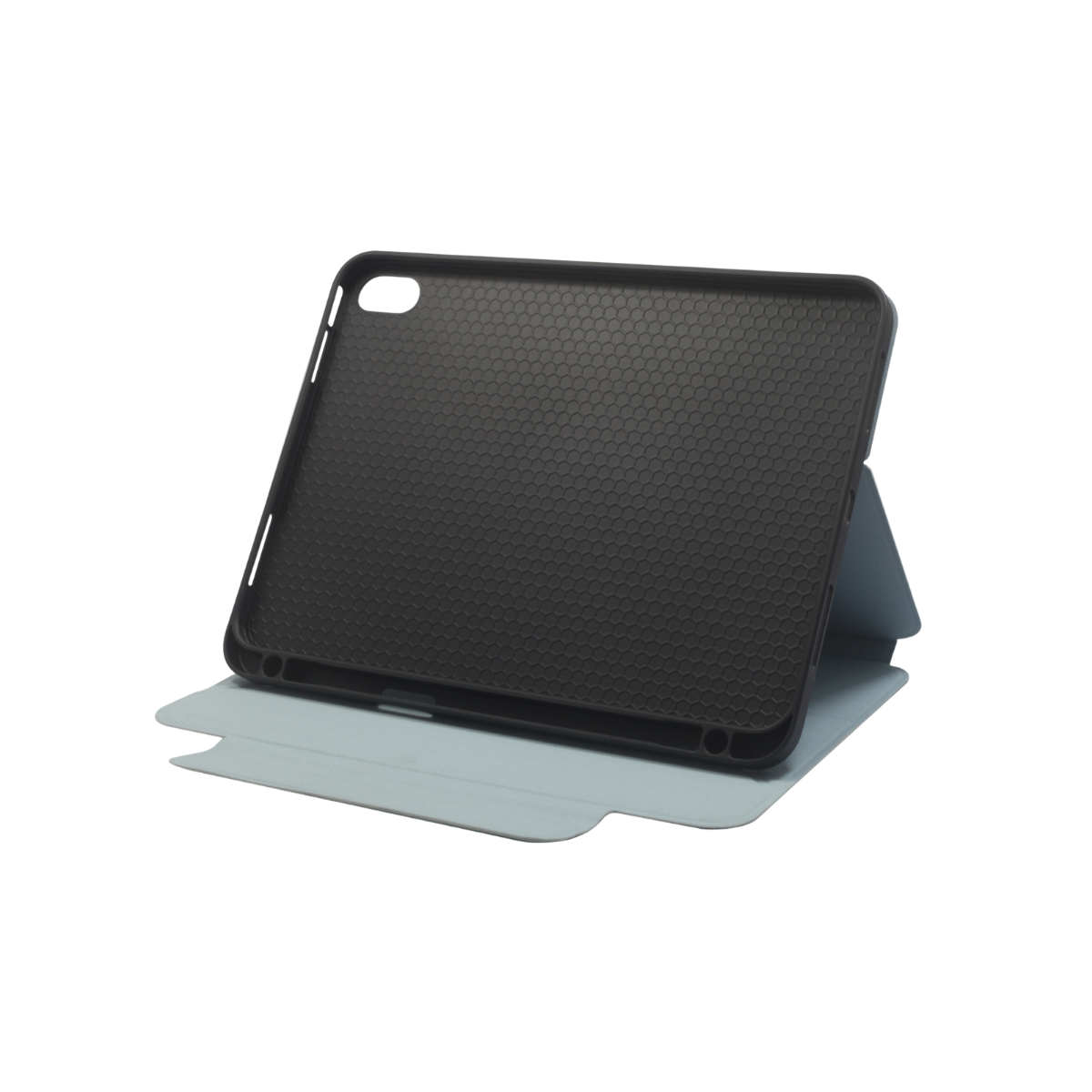 Petek desenli siyah bir tablet kılıfı, içini göstererek açık duruyor. Siyah bir arka plan üzerinde açık mavi bir destek üzerinde duruyor.