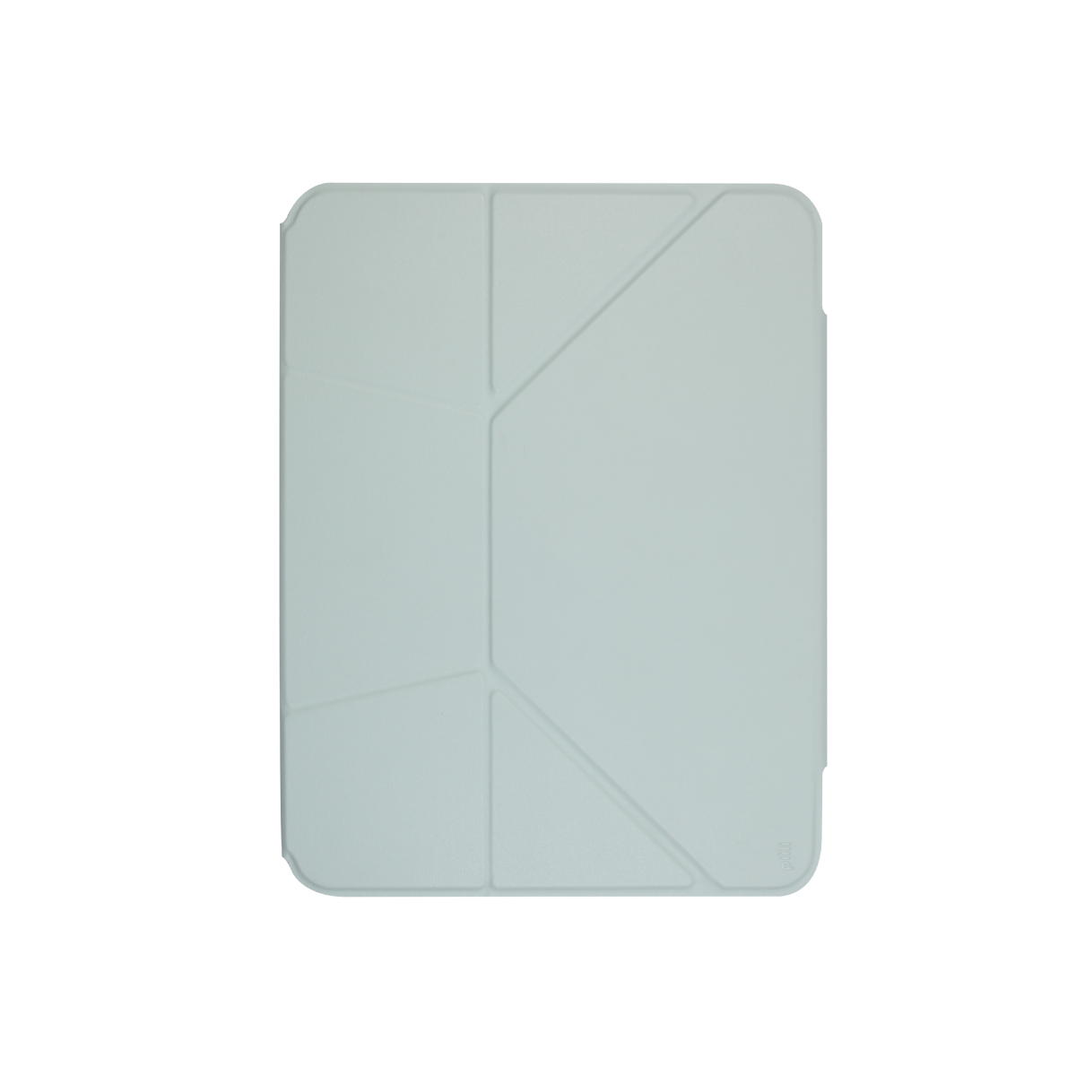 Geometrik tasarımlı, açık mavi bir tablet kılıfı. Kılıf, siyah bir arka plan üzerinde ortalanmıştır. Kılıfın sağ alt köşesinde bir logo var.