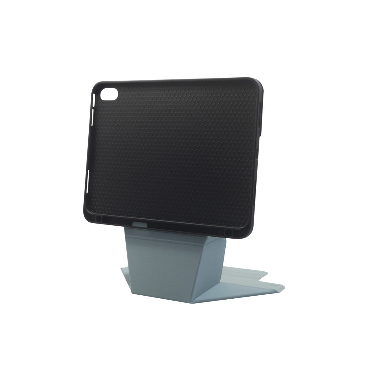Siyah bir tablet koruyucu kılıf içinde, siyah bir arka plan üzerinde, açık gri açılı bir stand üzerinde duruyor.