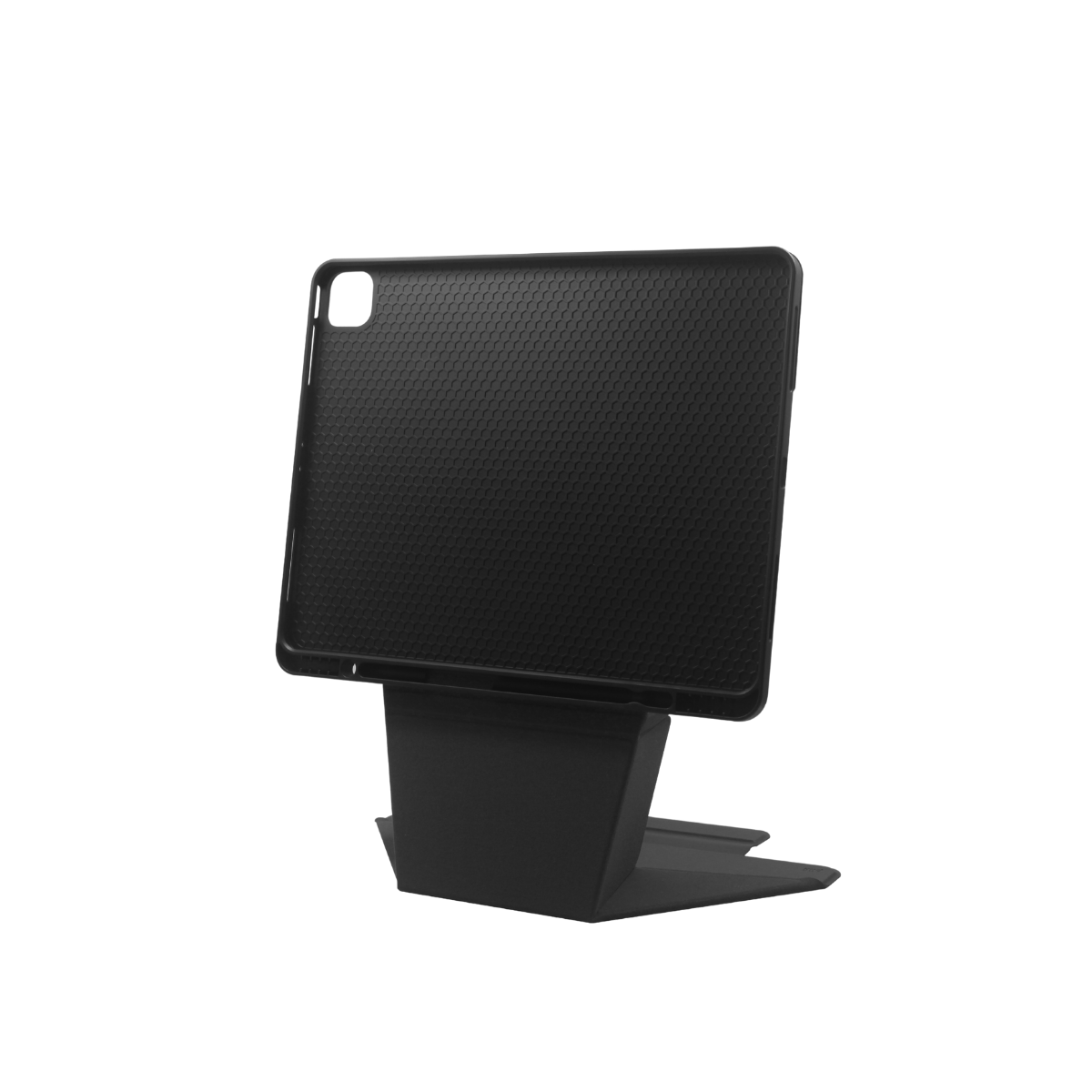 Petek desenli bir kılıfı olan siyah bir tablet, siyah bir arka plan üzerinde siyah bir standın üzerindedir. Tablet hafifçe eğiktir.