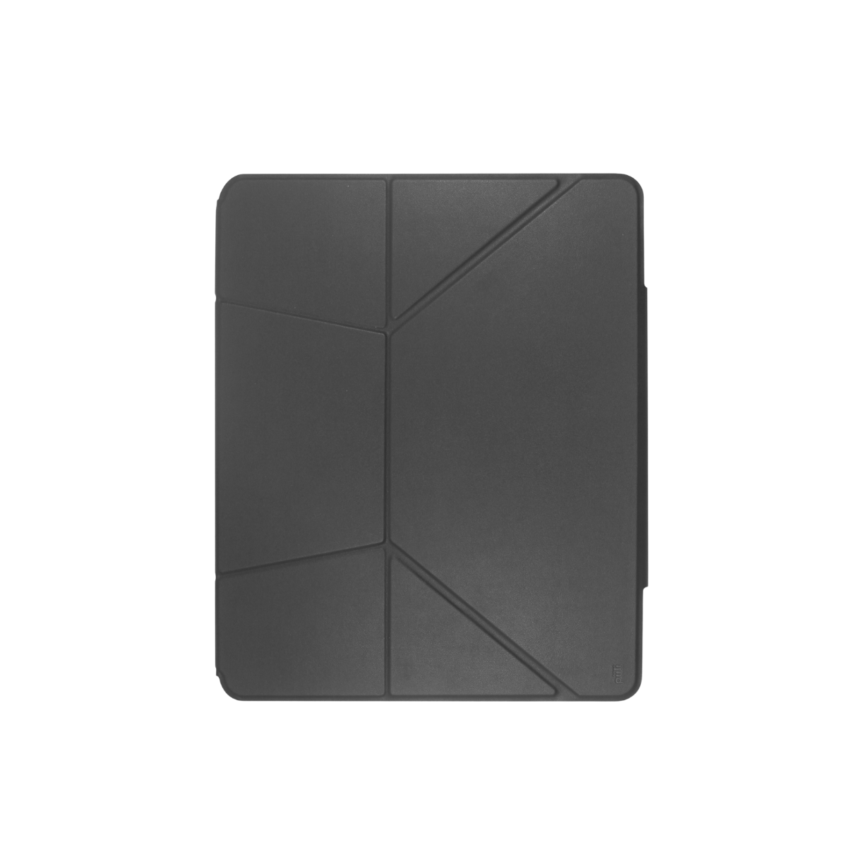 Geometrik tasarımlı koyu gri bir tablet kılıfı. Kılıf, kapağı oluşturan katlanmış bölümlerle dikdörtgen şeklindedir.