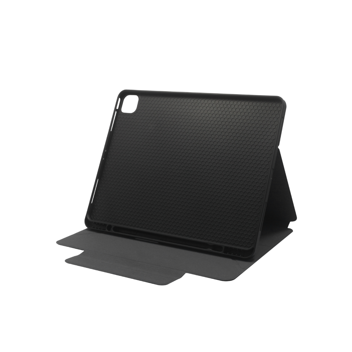 Siyah bir tablet, kılıfı ile desteklenmiş, siyah bir zemin üzerinde.