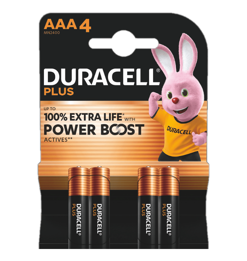 Piles Duracell AAA dans un emballage, avec une mascotte de lapin rose. L'emballage met en évidence la durée de vie supplémentaire.