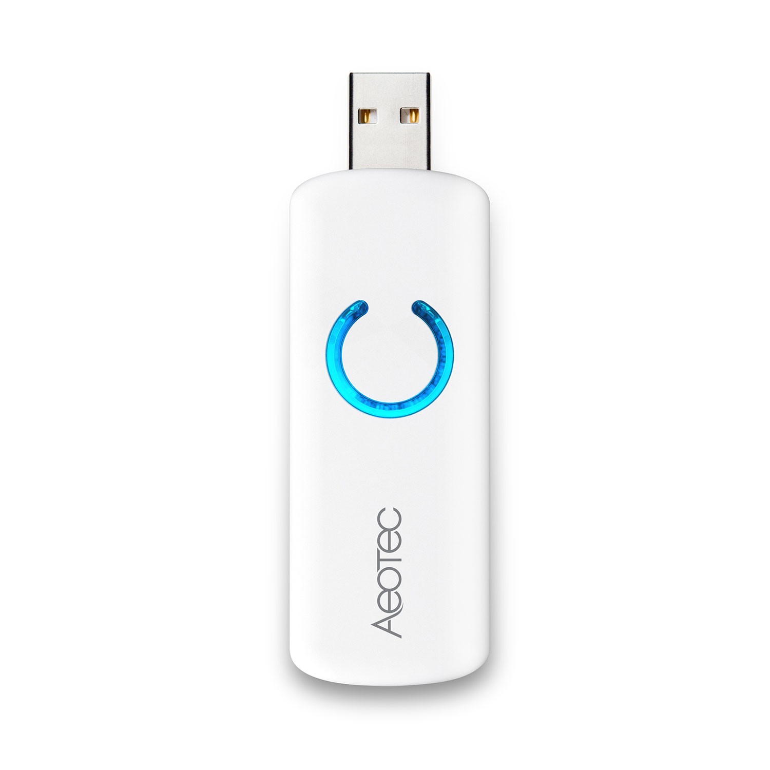 Ein weißes USB-Gerät mit einem blau leuchtenden C-förmigen Licht. Das Gerät hat einen USB-Anschluss und das Aeotec-Logo.
