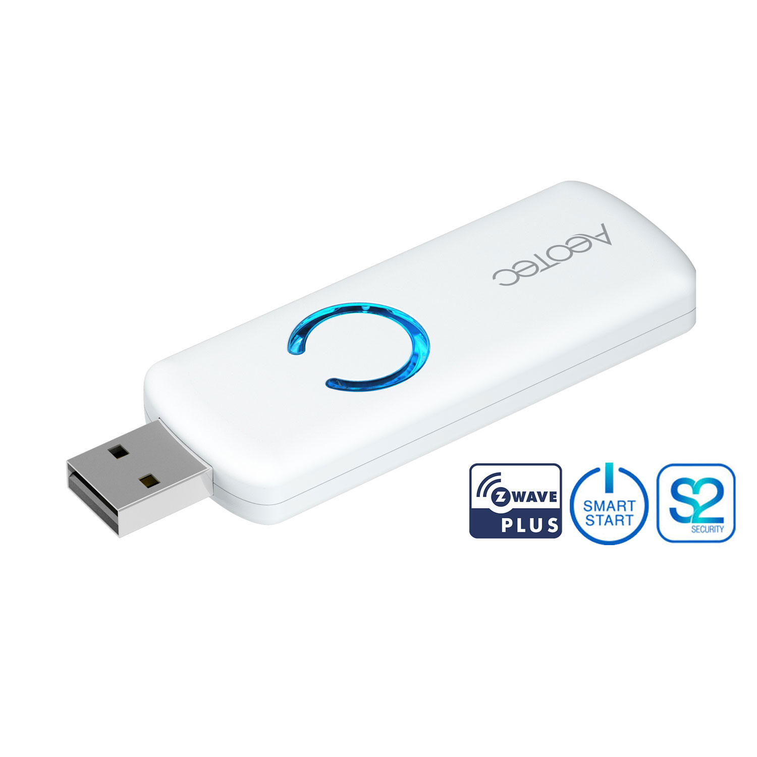 Ein weißes USB-Gerät mit blauem Licht. Es hat Logos von Z-Wave Plus, Smart Start und S2 Security.