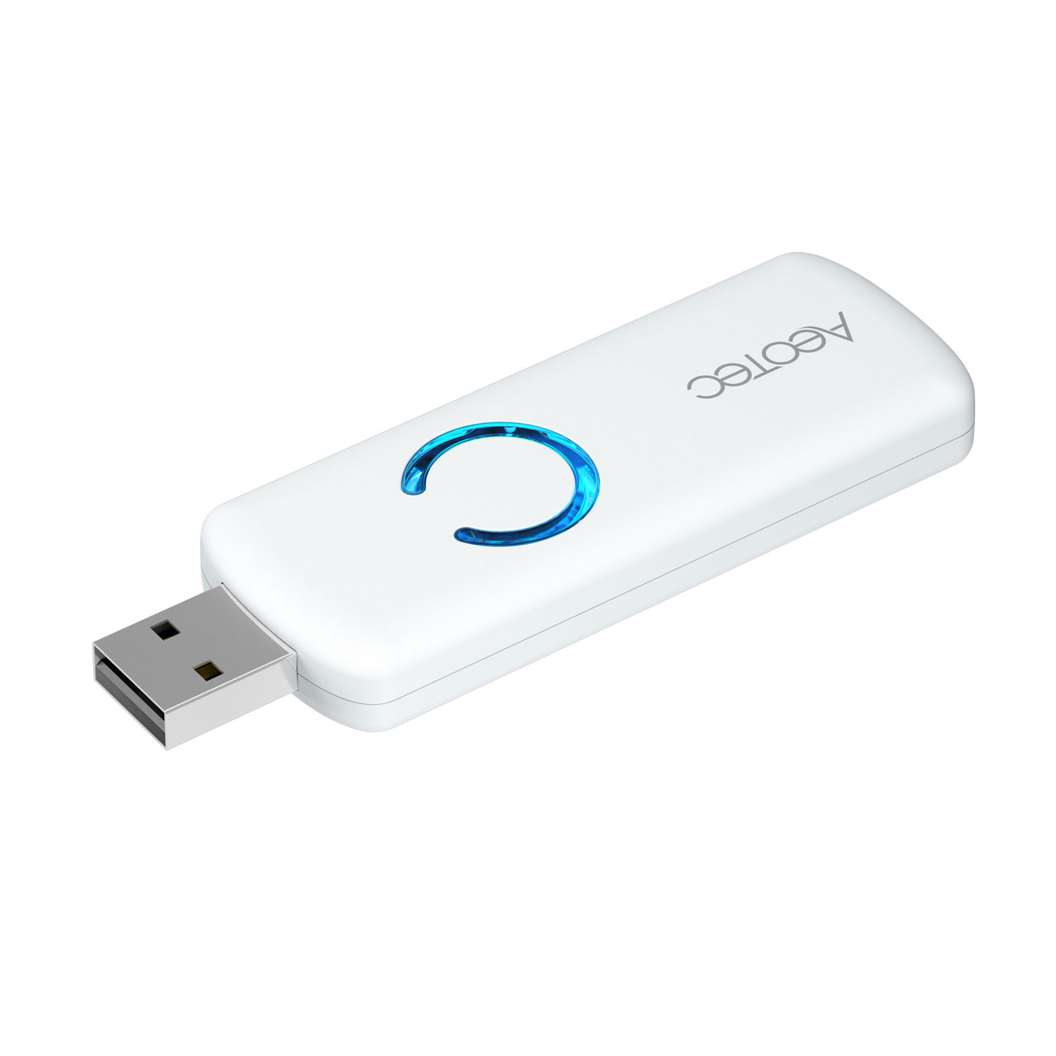 Ein weißer USB-Dongle mit blauem Licht und dem Logo 'Aeotec'. Er befindet sich auf weißem Hintergrund.
