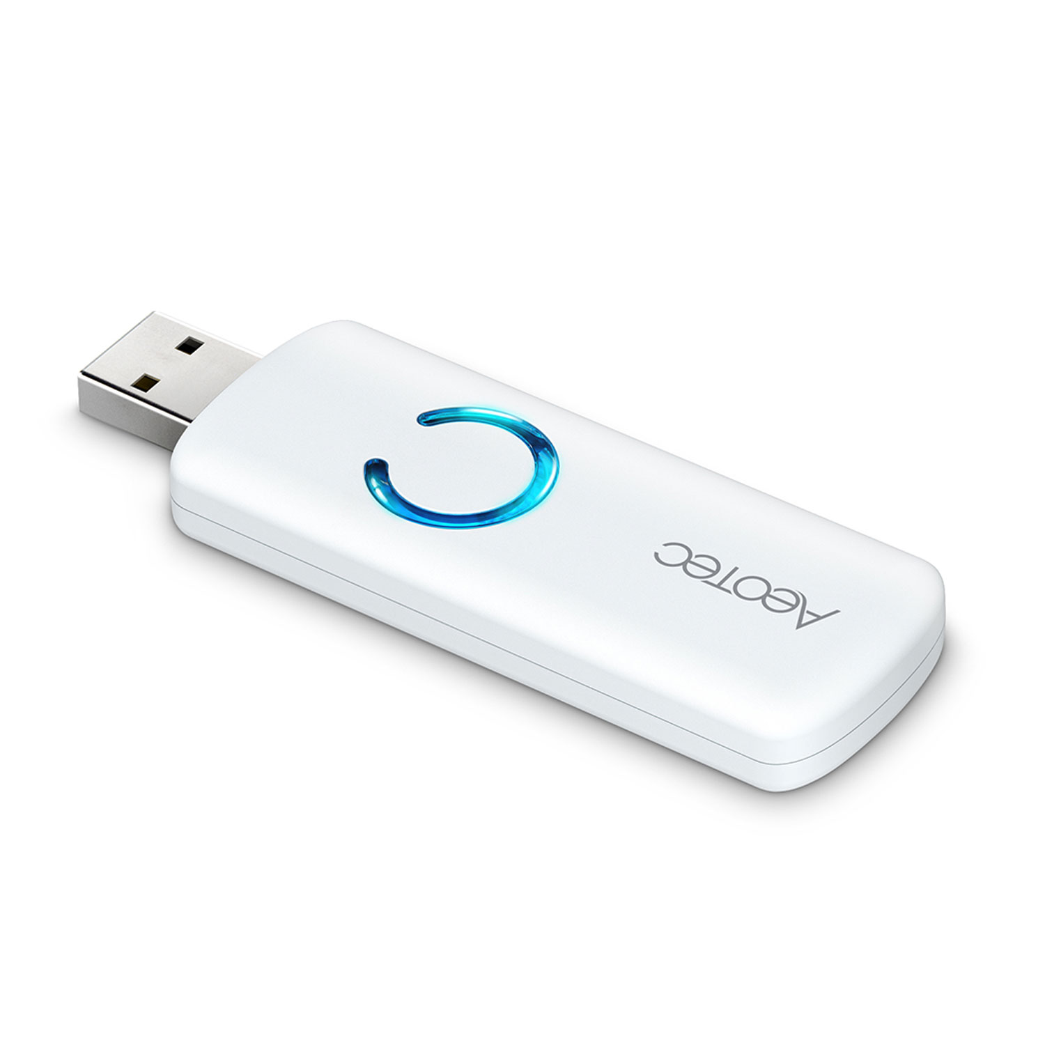 Ein weißes USB-Gerät mit blauem kreisförmigen Licht. Der Markenname 'Aeotec' ist auf dem Gerät aufgedruckt.