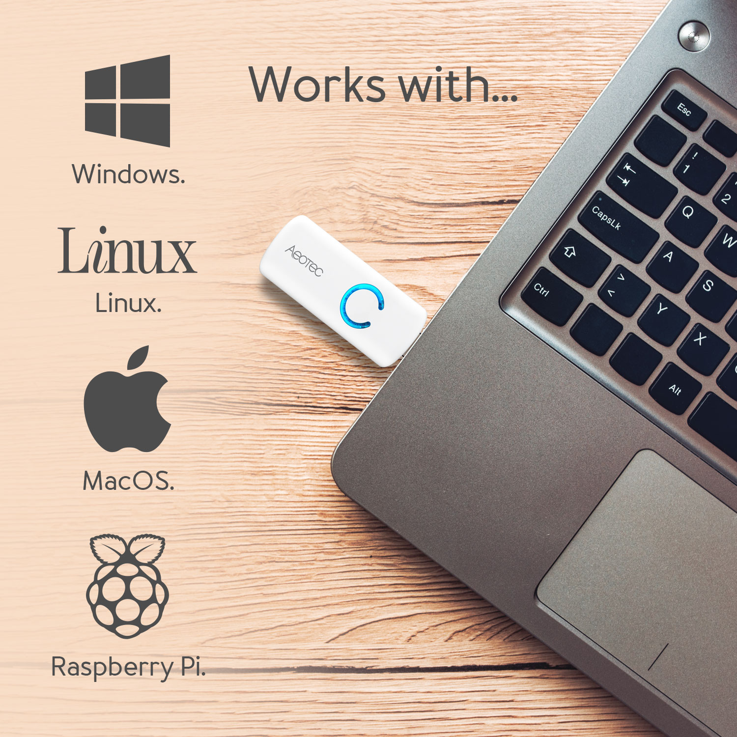 Ein Laptop mit angeschlossenem USB-Gerät. Icons für Windows, Linux, MacOS und Raspberry Pi. Text: Funktioniert mit...