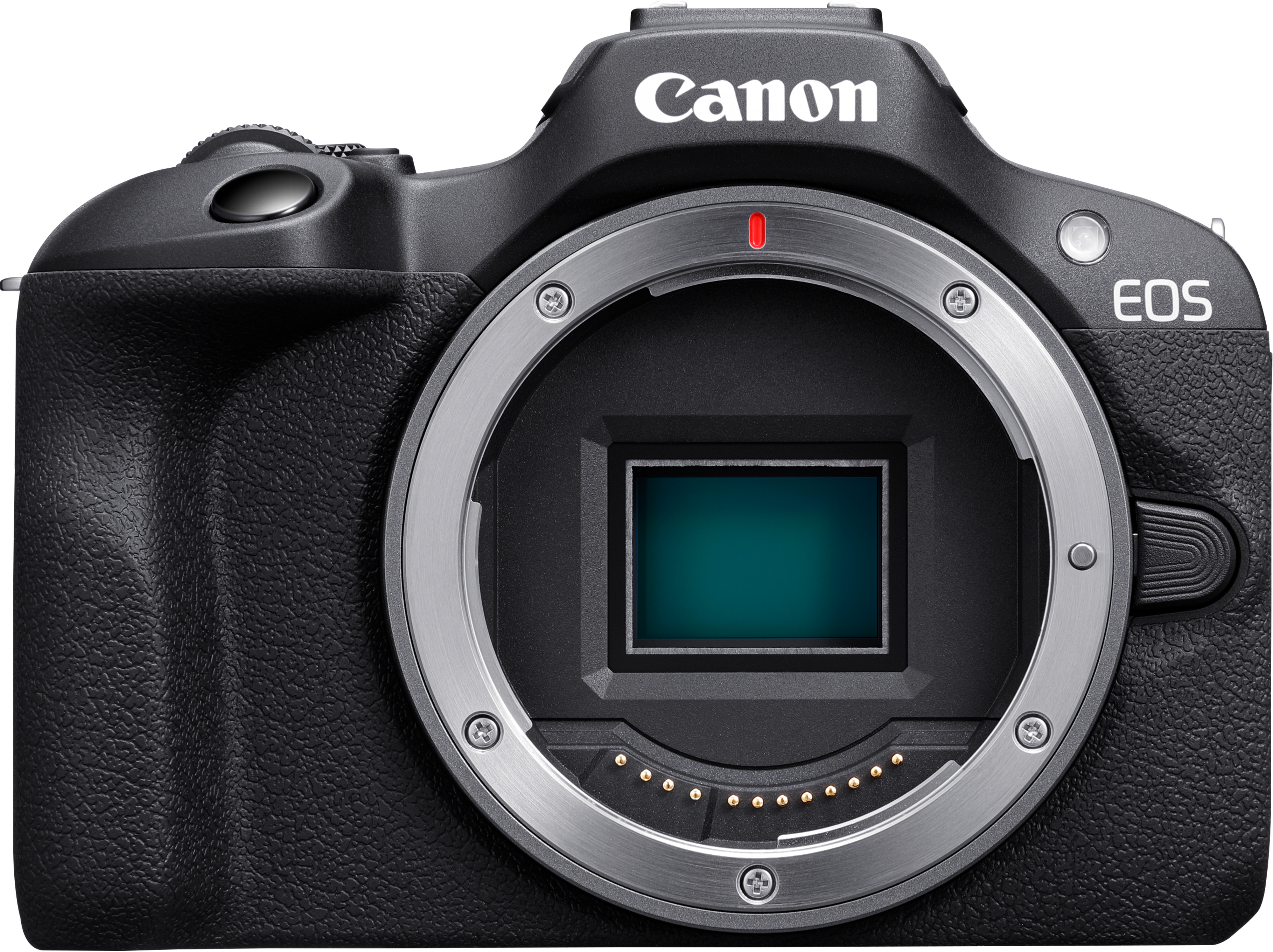 Appareil photo Canon EOS noir. Monture d'objectif argentée, logo Canon en haut. Vue détaillée de l'ouverture de l'objectif et de la texture du corps.