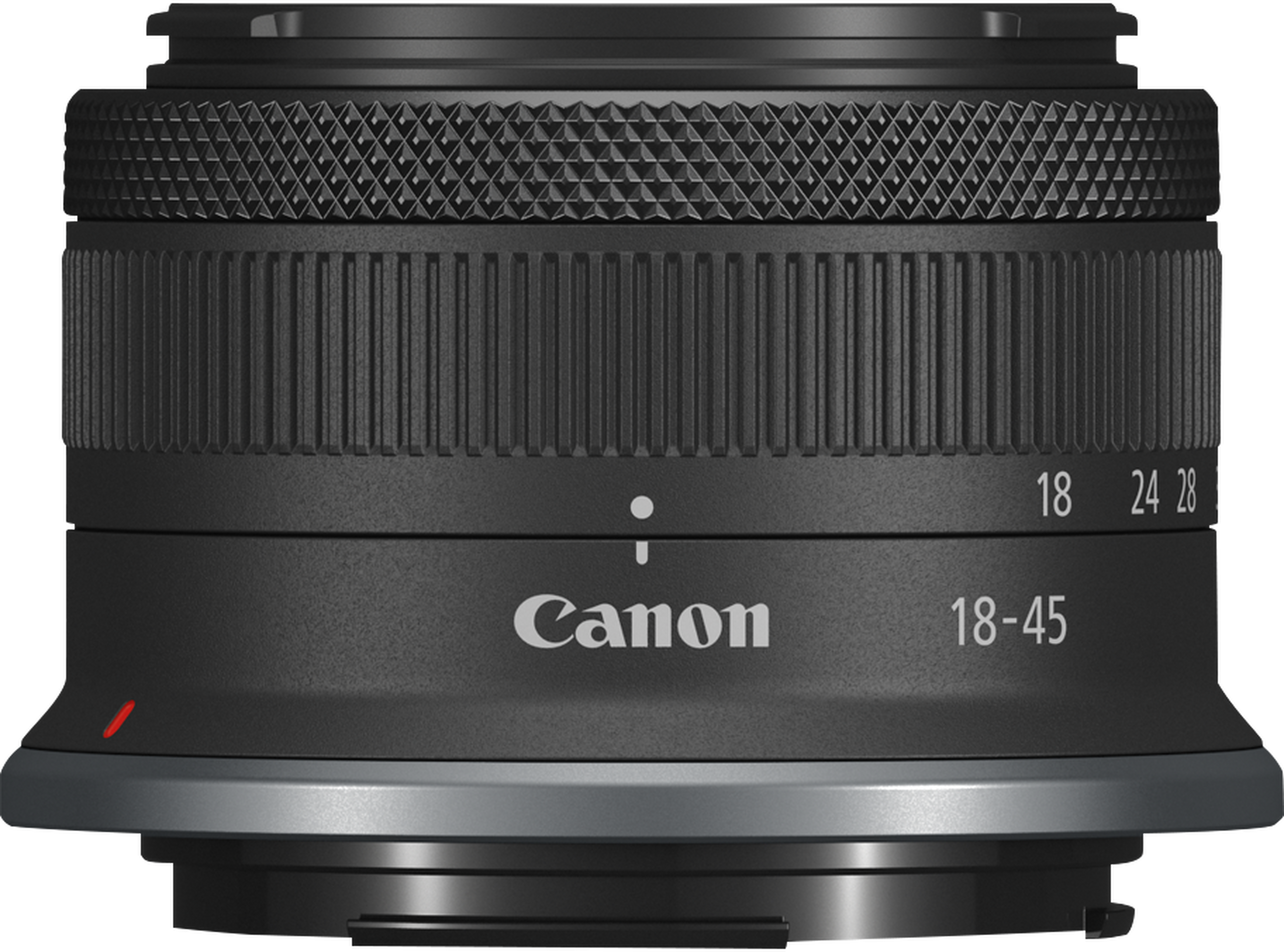 Gezeigt wird ein schwarzes Canon 18-45mm Objektiv mit geriffelten und rautenförmigen Abschnitten, weißer Schrift und roter Markierung.