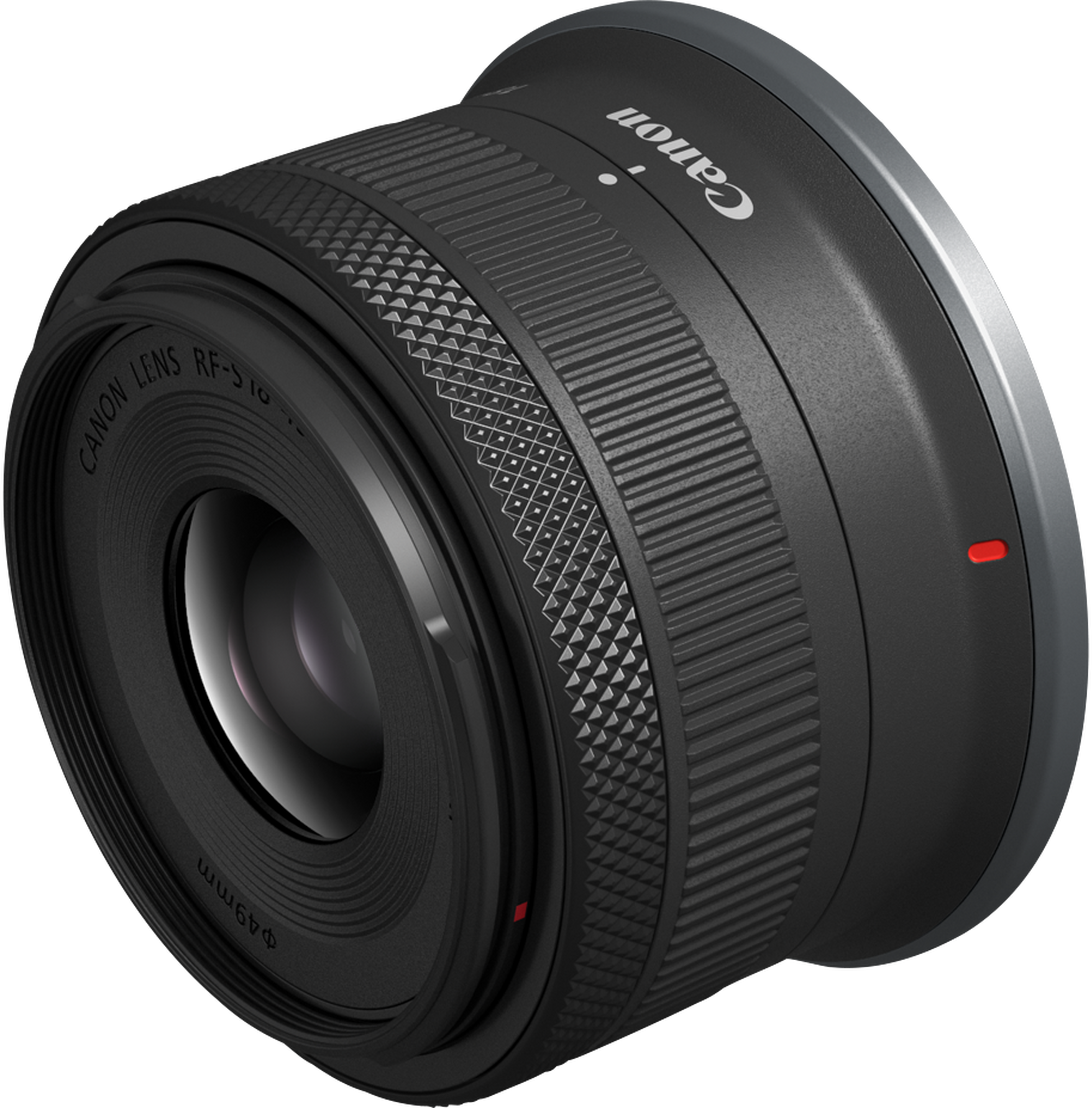 Ein schwarzes Canon RF-50mm-Objektiv. Es hat gerippte und strukturierte Abschnitte mit einem roten Punkt und einem silbernen Canon-Logo.