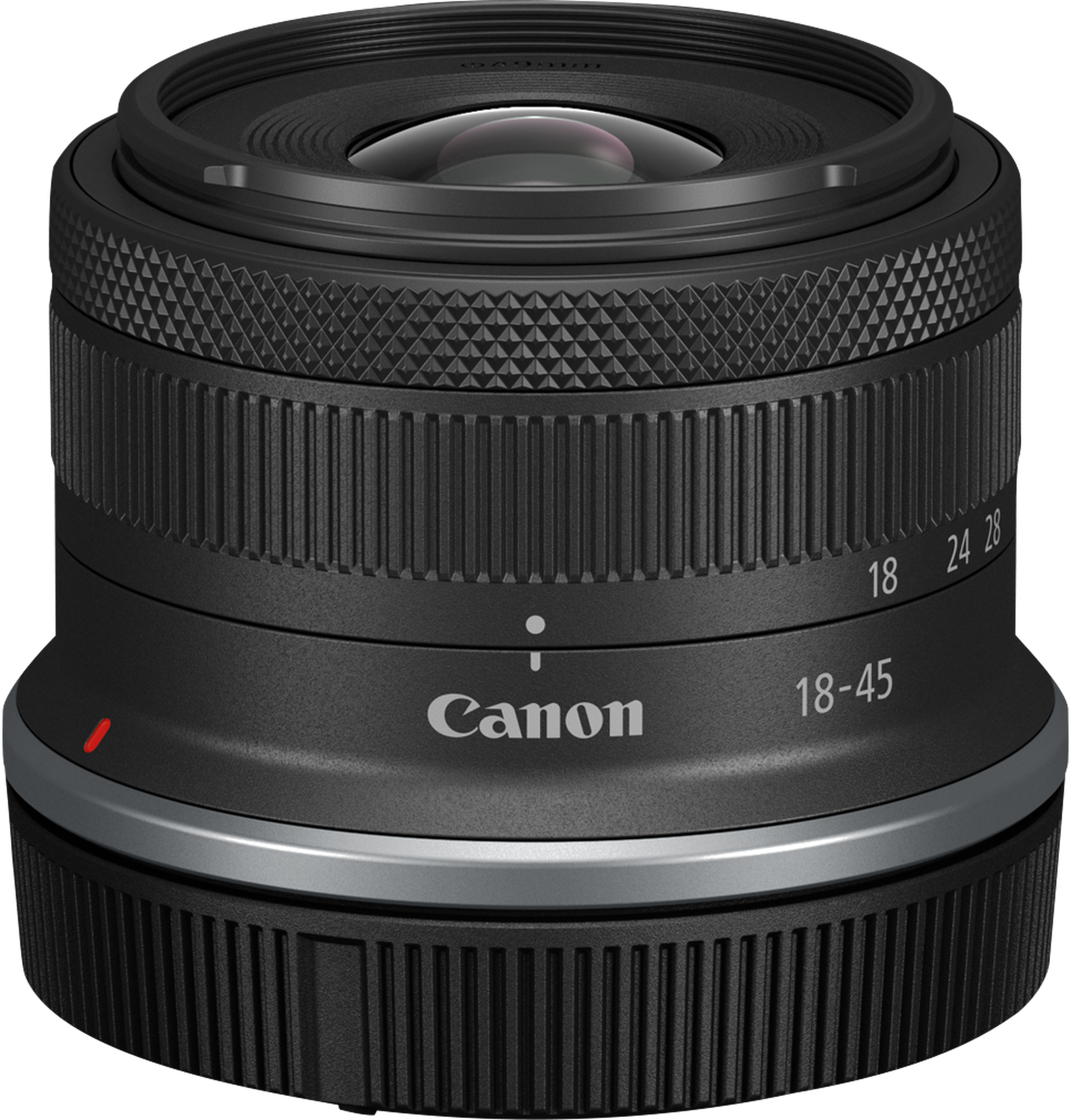 Ein schwarzes Canon 18-45mm Kameraobjektiv. Es hat einen geriffelten Griff, einen silbernen Ring und Glas.
