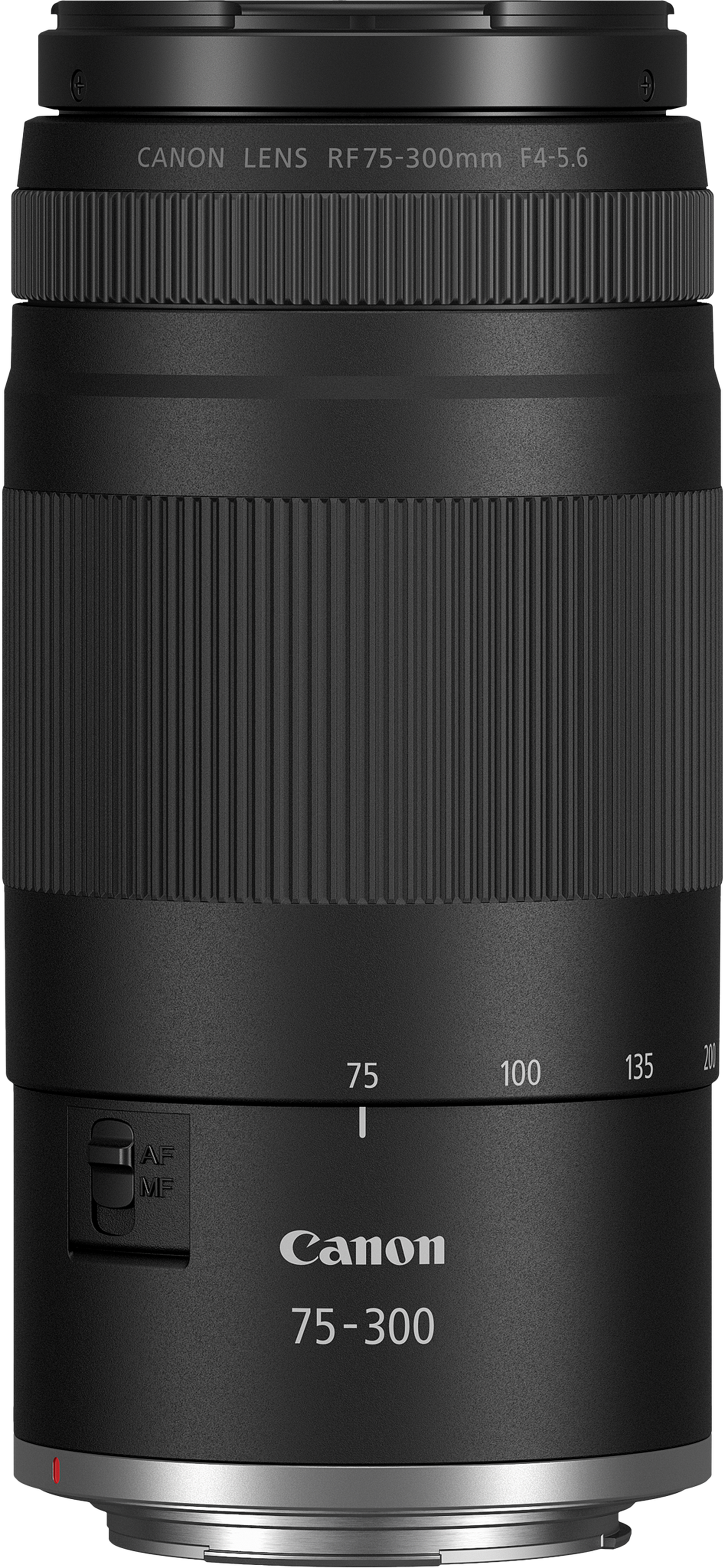 Ein schwarzes Canon RF 75-300mm Objektiv. Es hat eine geriffelte Textur, Fokusmarkierungen und einen AF/MF-Schalter.