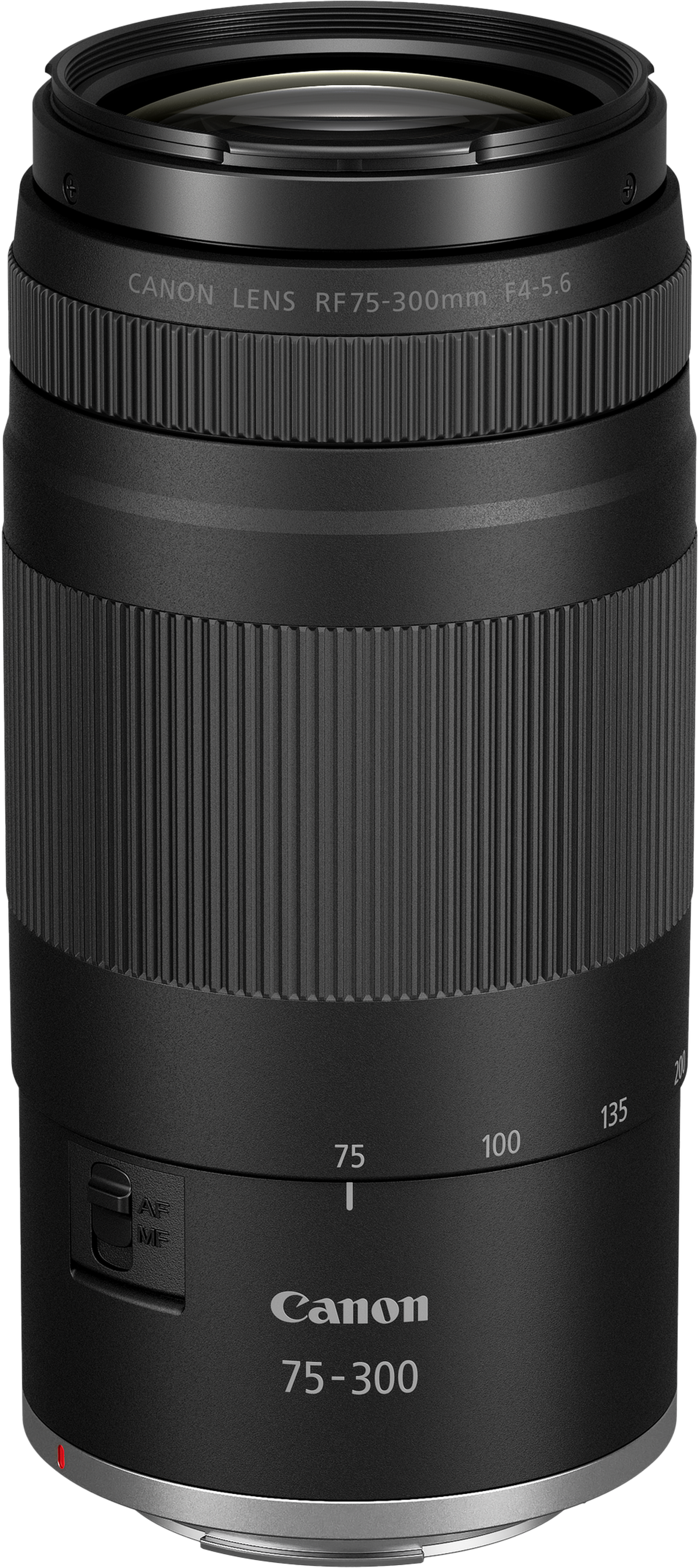 Ein schwarzes Canon RF 75-300mm f/4-5.6 Objektiv. Es hat gerippte Abschnitte, Markierungen und Canon-Logo.