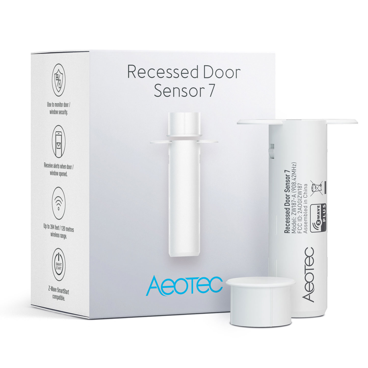 Ein weißes Box- und Türsensorset. Auf der Box steht 'Recessed Door Sensor 7'. Enthält Sensoren und eine weiße zylindrische Komponente.