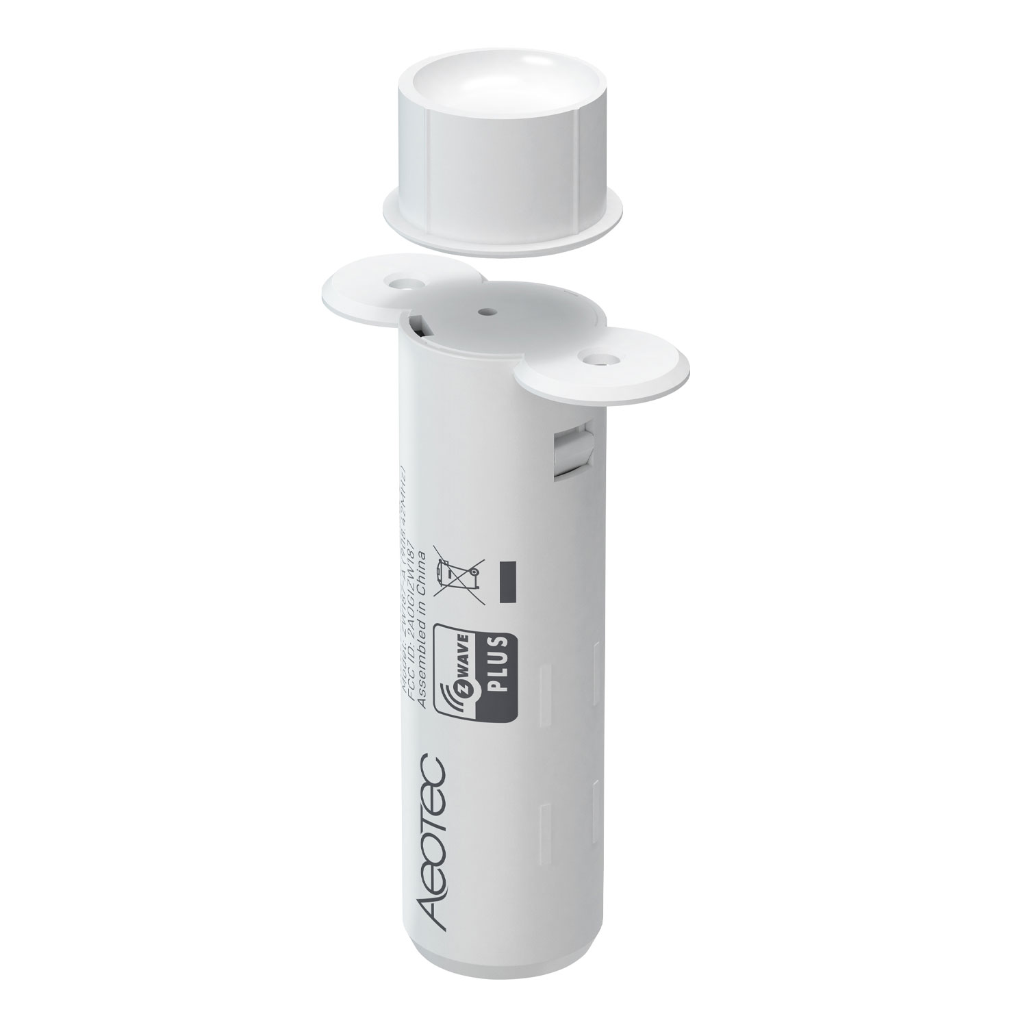 Ein weißes Aeotec Z-Wave Plus-Gerät mit abgenommenem Deckel. Das Gerät ist zylindrisch mit zwei flügelartigen Merkmalen.