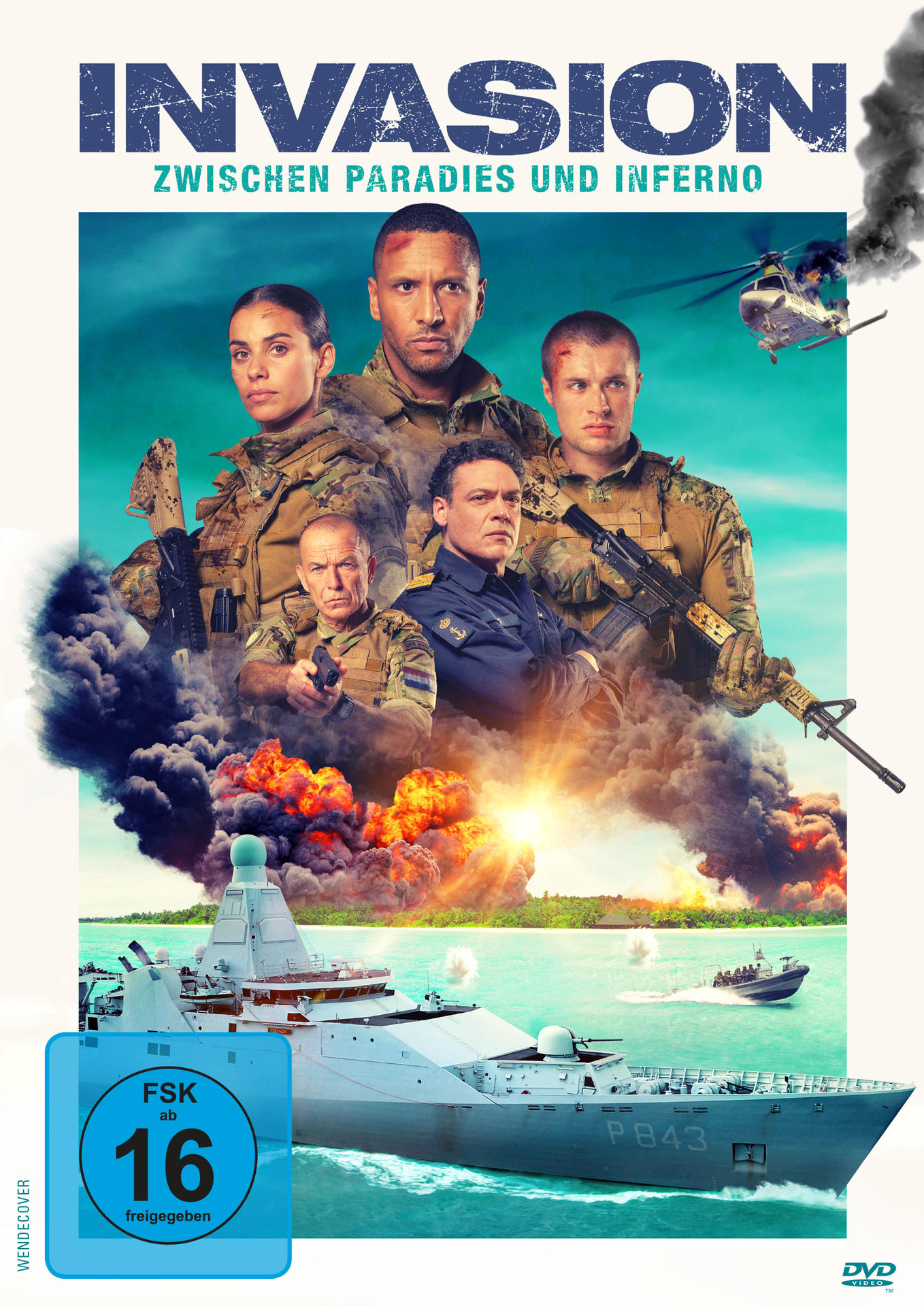 Filmposter mit Schauspielern, Explosionen, Militärfahrzeugen und einem Kriegsschiff. Der Titel lautet 'Invasion'.
