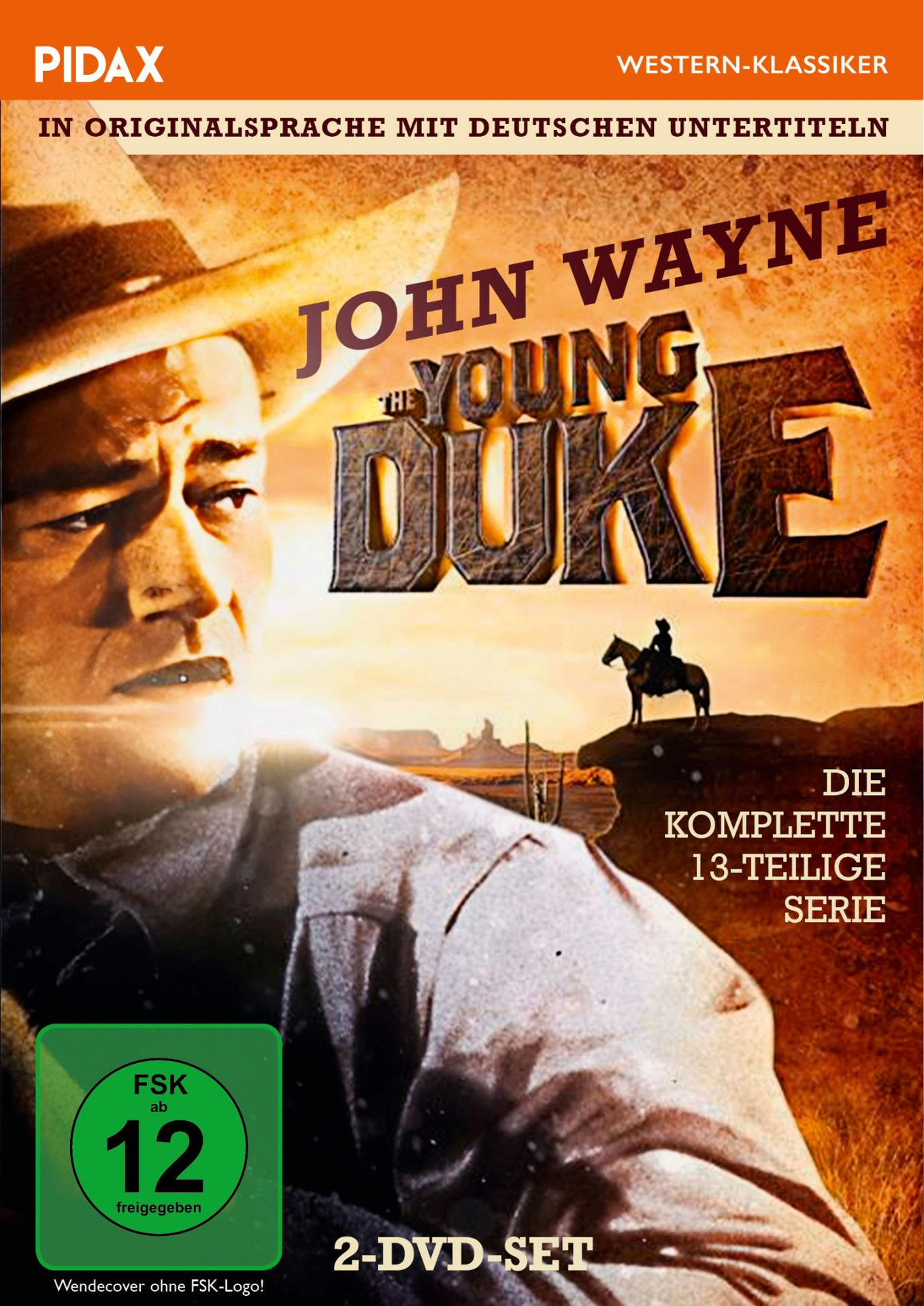 DVD-Cover: John Wayne, der junge Duke. Cowboy auf Pferd im Hintergrund. Orange- und Brauntöne.