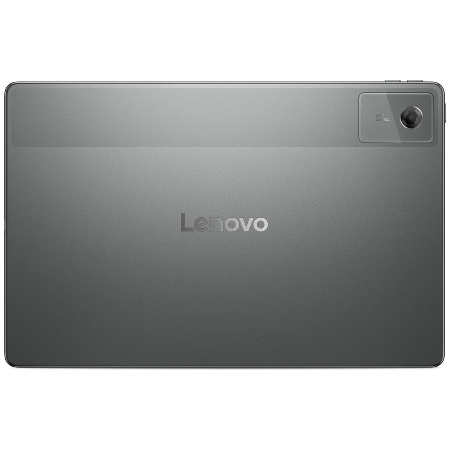 Achterkant van een grijze Lenovo-tablet. Het heeft een camera en het Lenovo-logo. De tablet is rechthoekig met afgeronde hoeken.