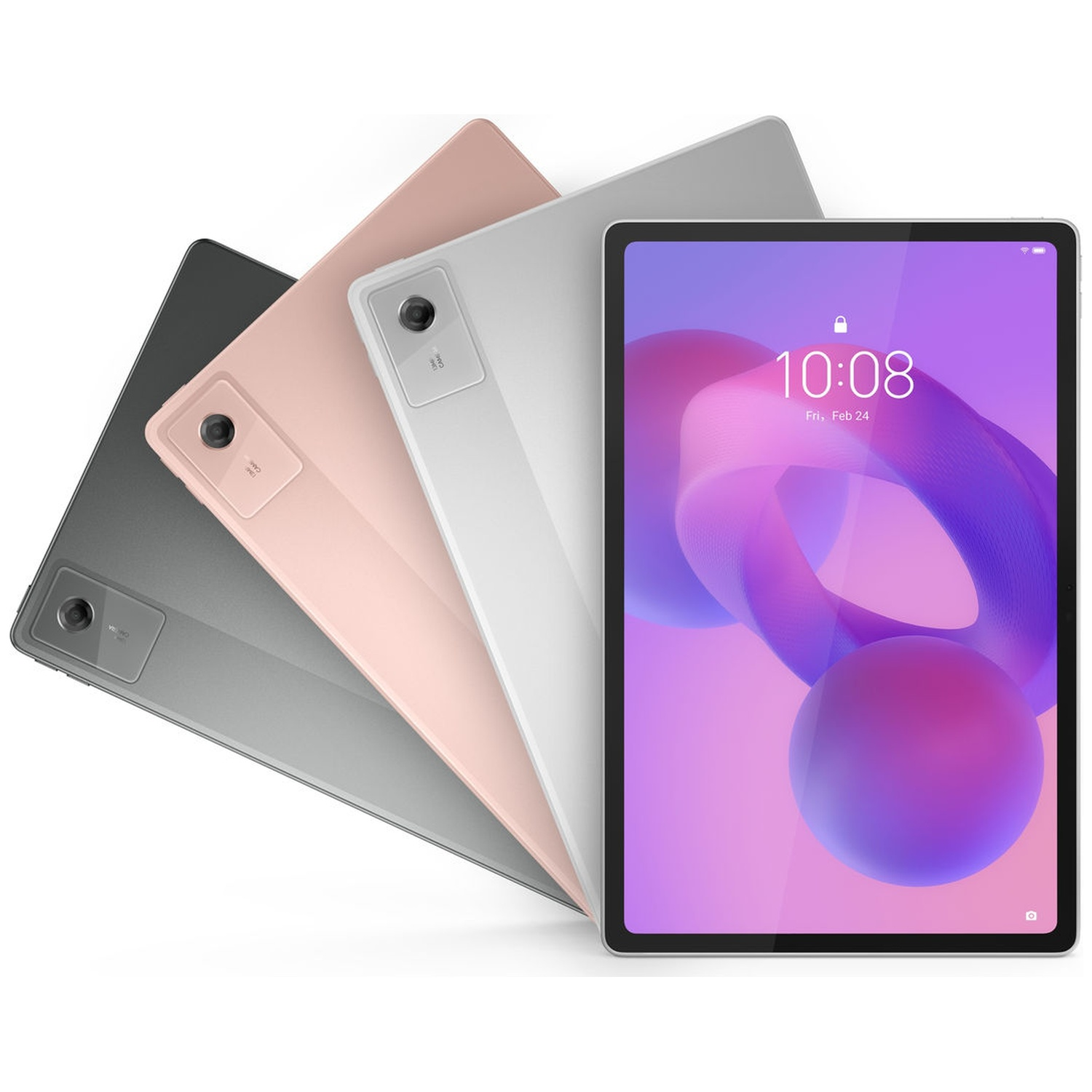 Vier tablets, verschillende kleuren, diagonaal gerangschikt. Eén is aan en toont de tijd. Roze, witte, grijze en zwarte tablets zijn zichtbaar.