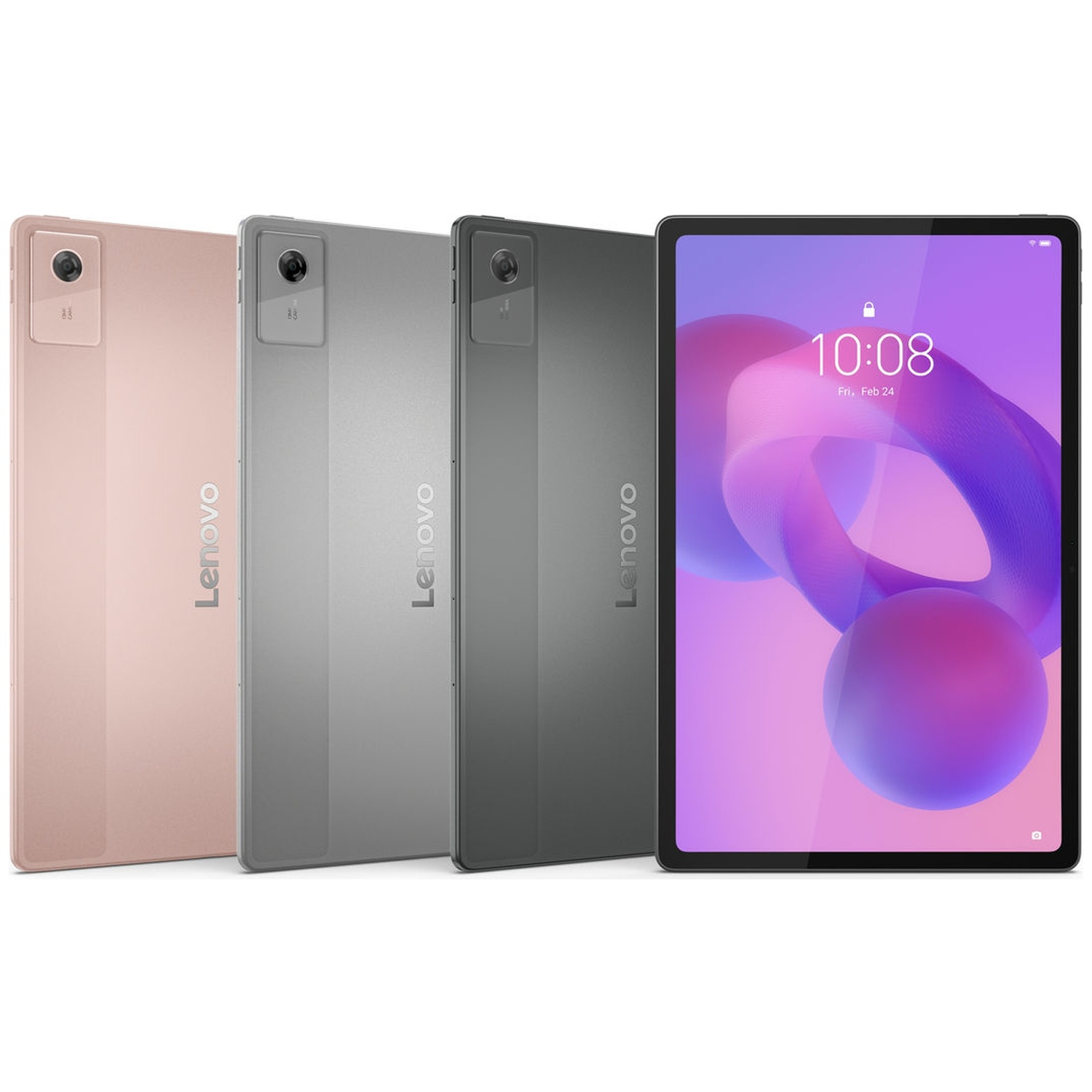 Vier Lenovo-tablets in roze, zilver, grijs en zwart. De zwarte tablet toont de tijd en datum op het scherm.