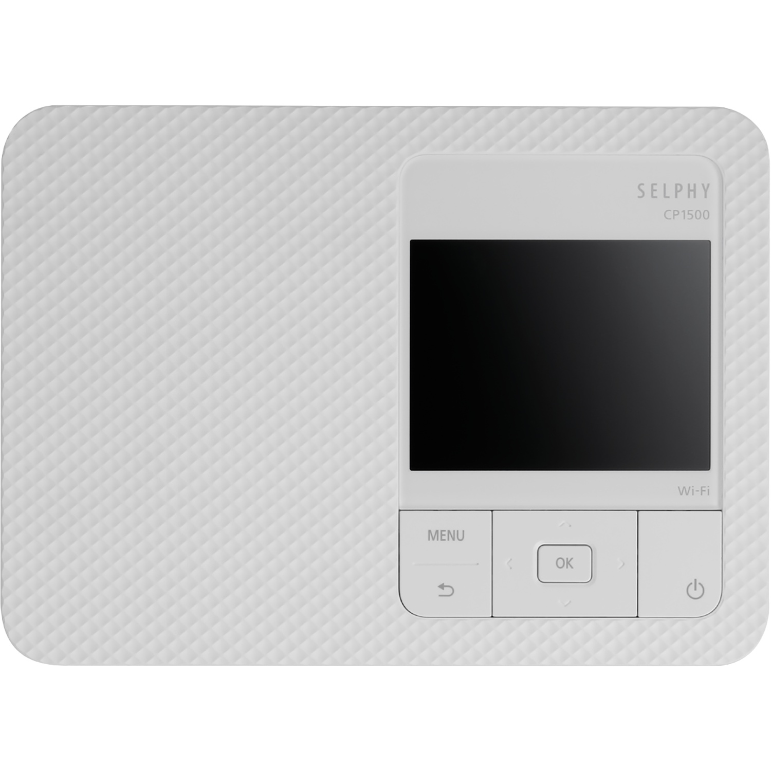 Een witte Selphy CP1500 printer. Het heeft een scherm en bedieningsknoppen. Het oppervlak heeft een textuurpatroon.