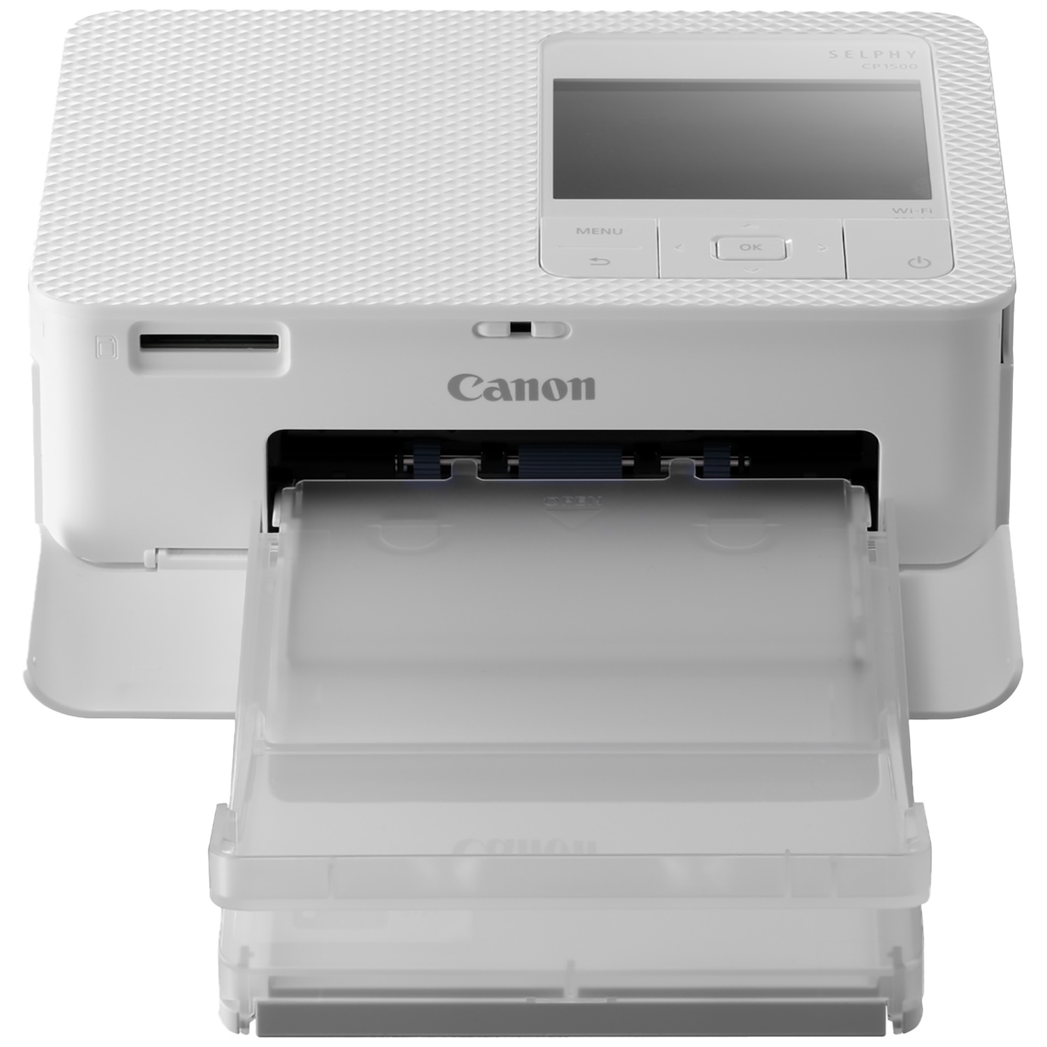 Een witte Canon Selphy CP1500 printer. Er is een papierlade uitgeschoven. Het heeft een scherm en bedieningsknoppen. Het Canon-logo is zichtbaar.