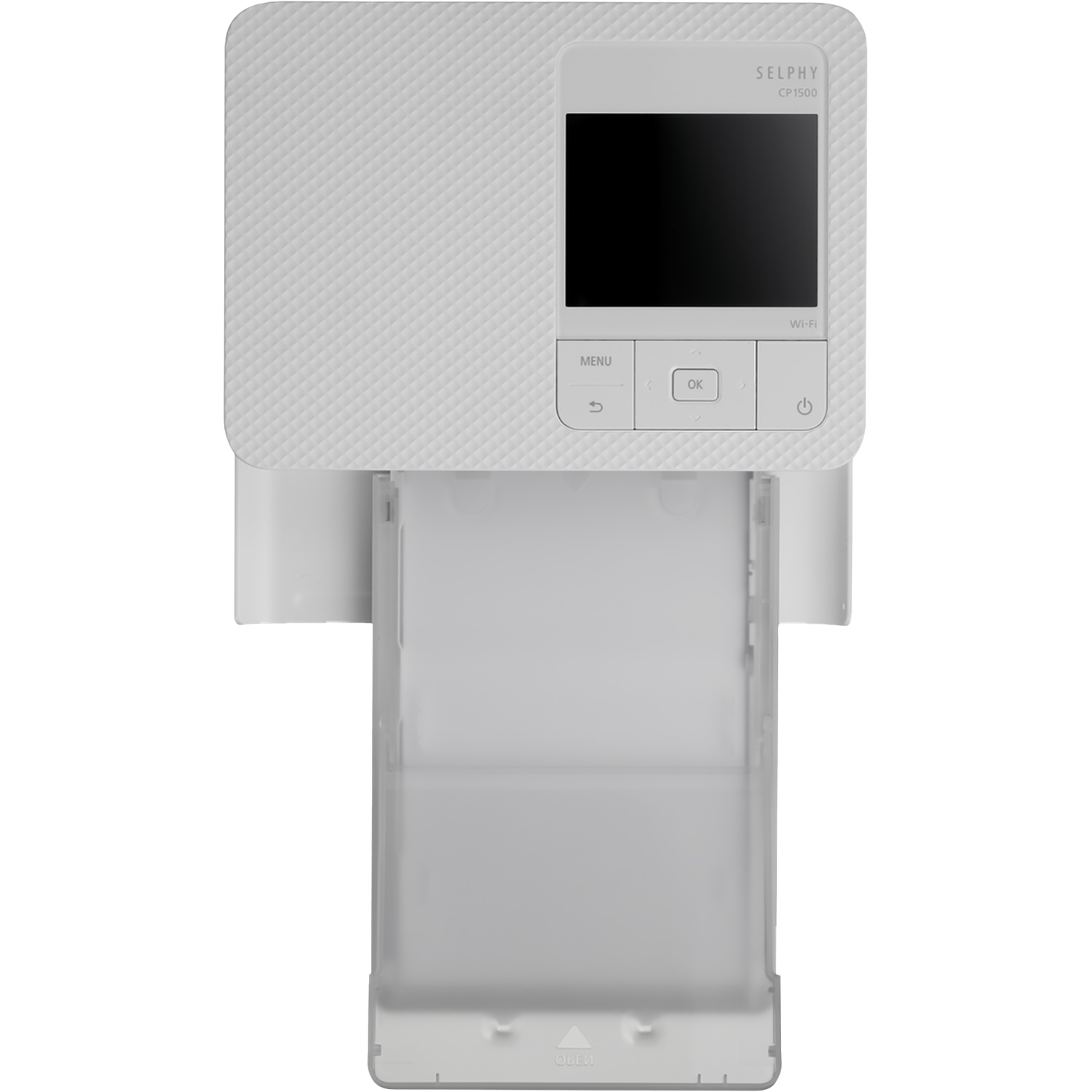 Een witte Selphy CP1500 printer. Het heeft een scherm, knoppen en een papierlade. De lade is open en toont een transparante afdekking.