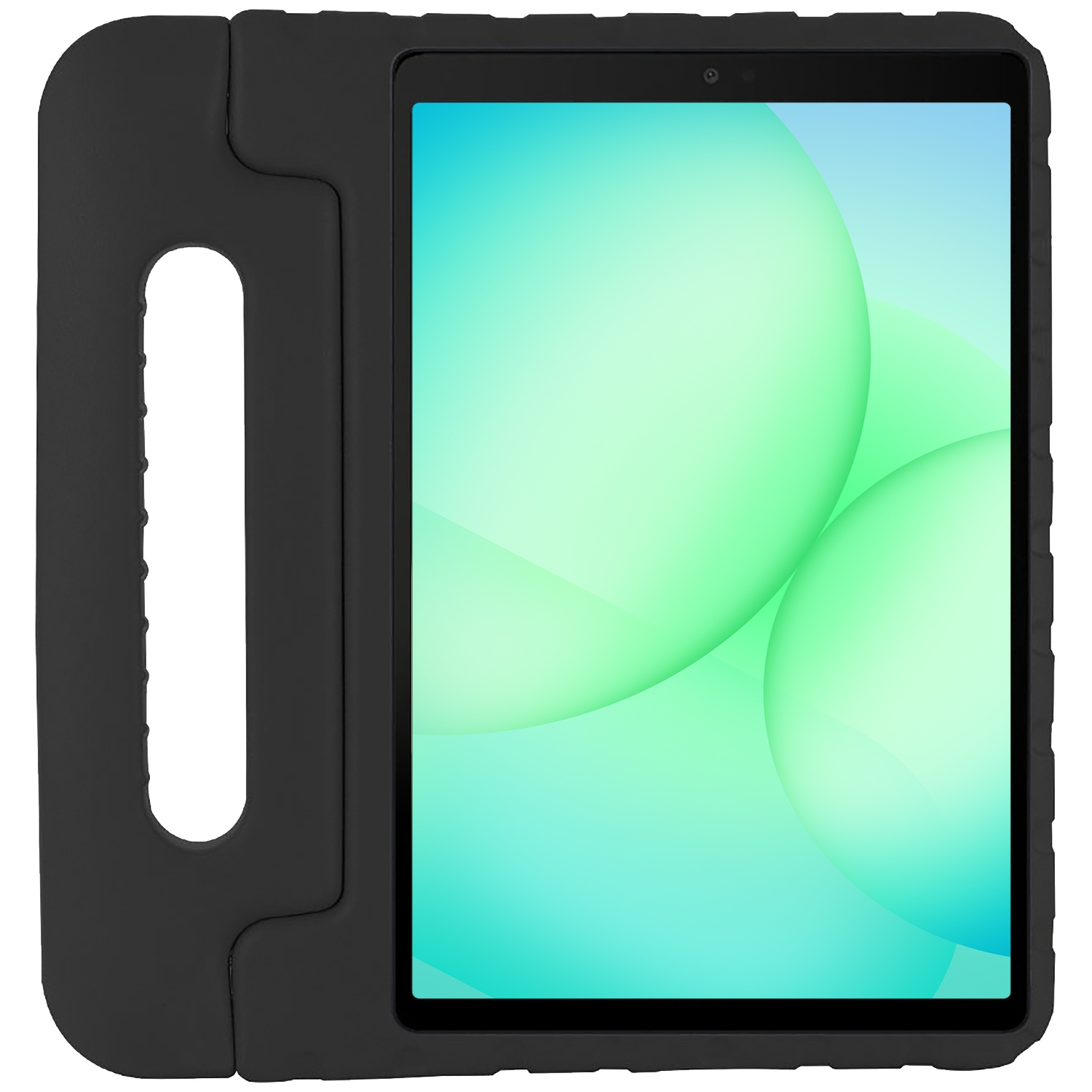 Tablet in een zwarte beschermhoes. Scherm toont groene en turquoise bollen. Hoes heeft een handvat. Witte achtergrond.