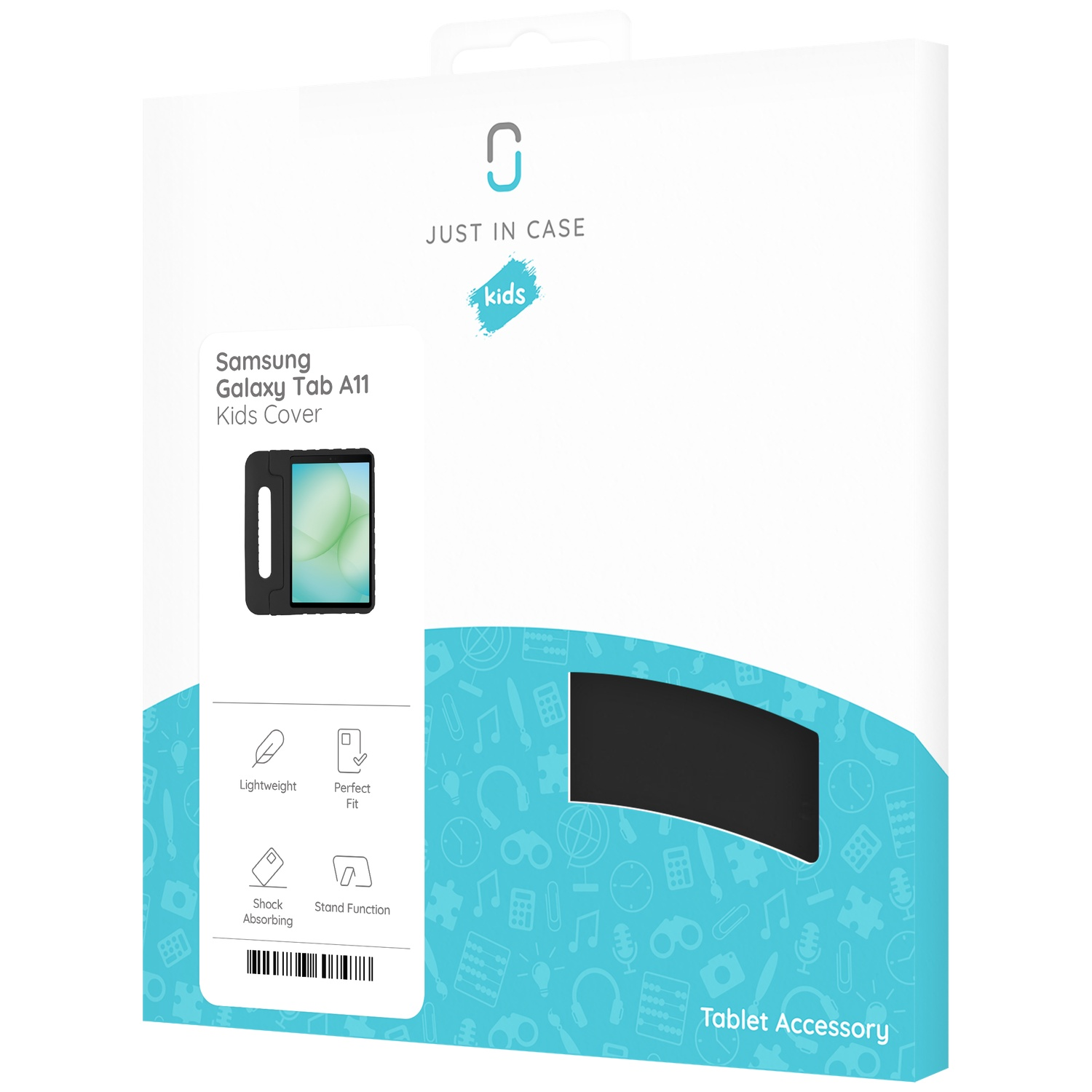 Een witte doos met een tablethoesje. Tekst: 'Just in Case' en 'Kids'. De hoes is zwart en voor Samsung Galaxy Tab A11.