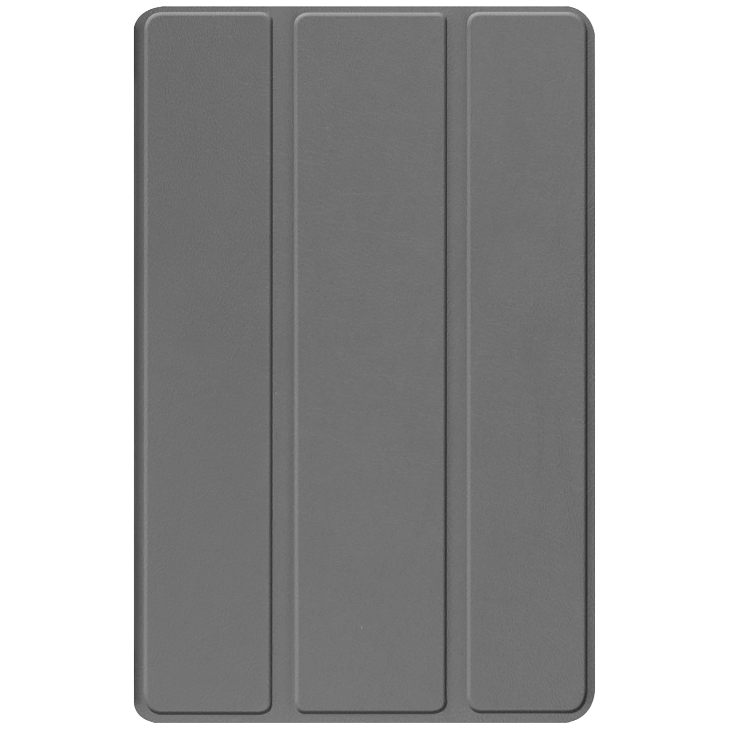 Een grijze tablethoes wordt getoond. Het heeft drie verticale secties en een getextureerd oppervlak. De achtergrond is wit.