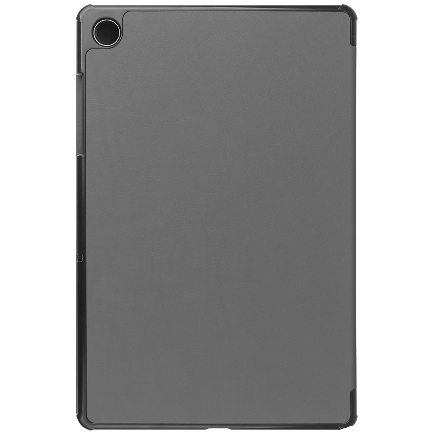 Een grijze tabletcase met een cameragat linksboven. De case is rechthoekig en heeft een gladde textuur.