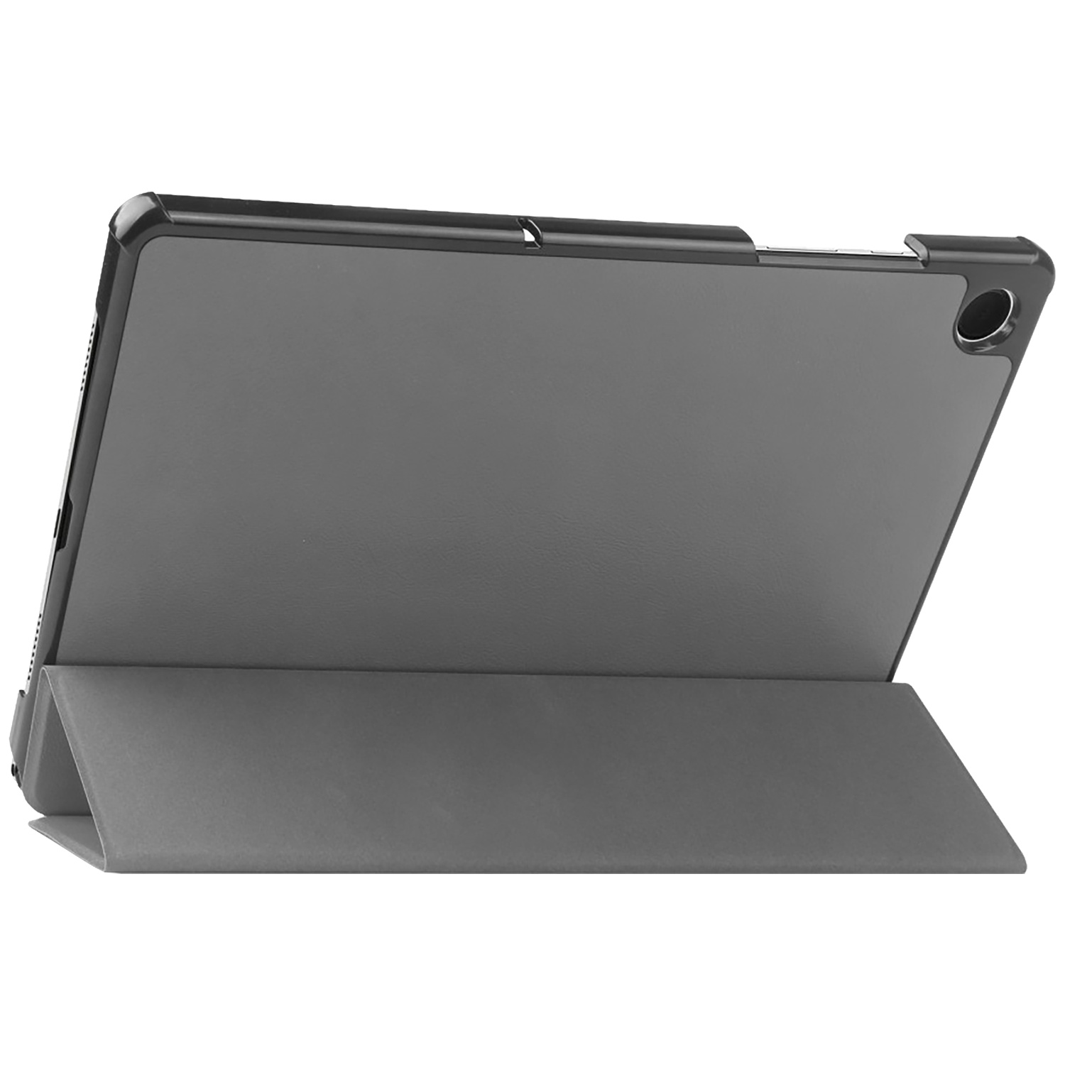 Een grijze tablethoes is open te zien. De hoes is grijs met een zwart frame. De hoes is opgevouwen om de tablet te ondersteunen.