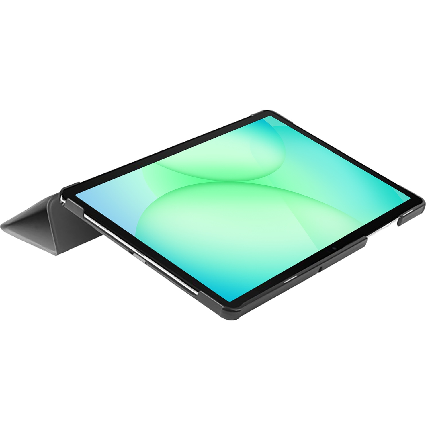 Tablet met een zwart frame en scherm met een groen-blauwe gradiënt. Het rust op een donkergrijze hoes.