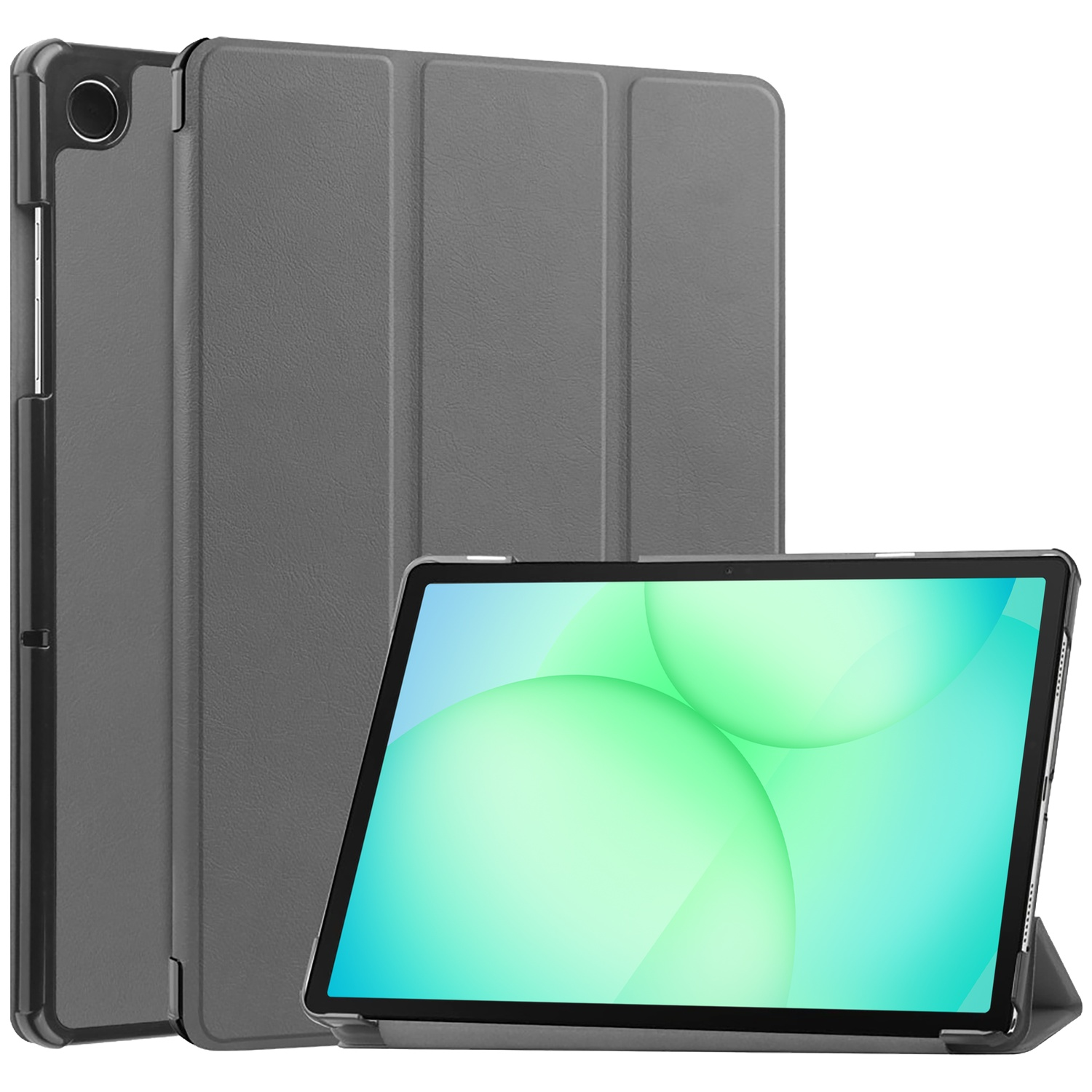 Tablet met een grijze hoes. Het scherm toont groene en blauwe bellen. De hoes is open en opgevouwen om de tablet te ondersteunen.