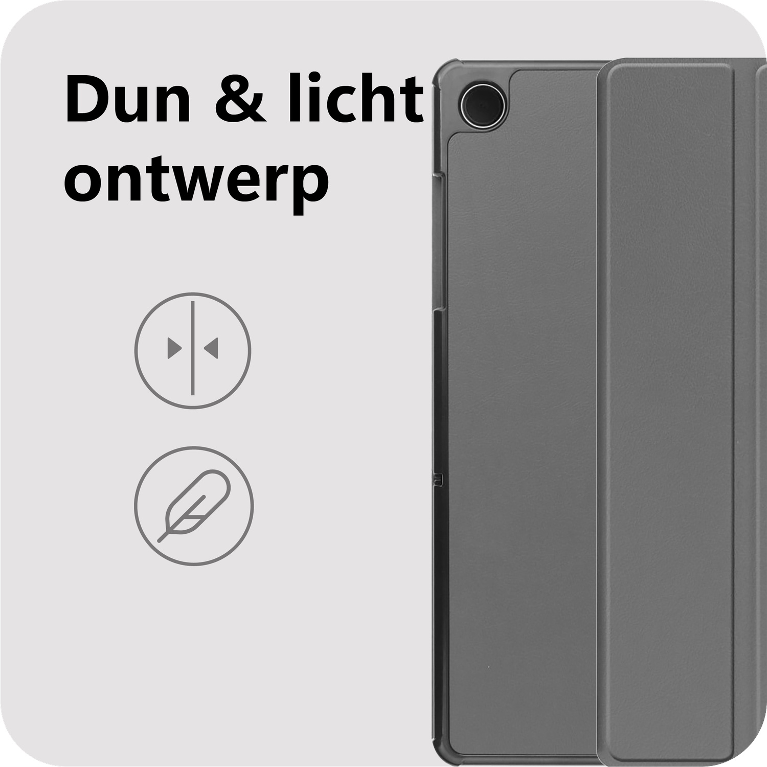 Een grijze tablethoes is open. Tekst: 'Dun & licht ontwerp'. Pictogrammen: pijlen en een veer.