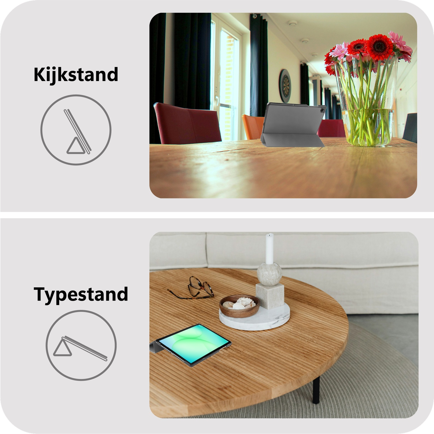 Boven: Tafel met tablet, bloemen. Onder: Tafel met tablet, kaars en schelpen. Beige bank op de achtergrond.