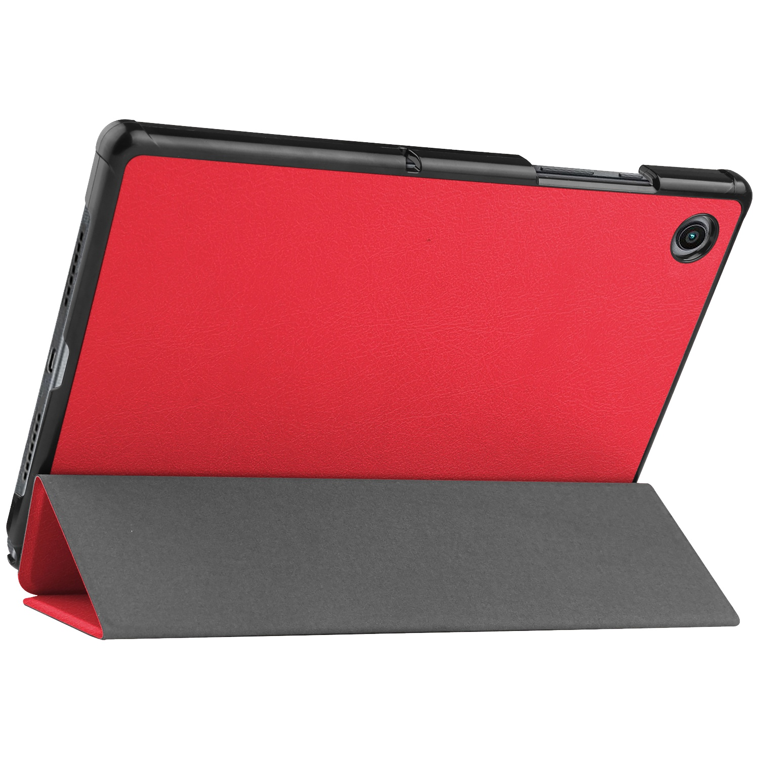 Rode tablet in een hoes, ondersteund door een grijze hoes. De hoes is zwart aan de randen. Een cameralens is zichtbaar.
