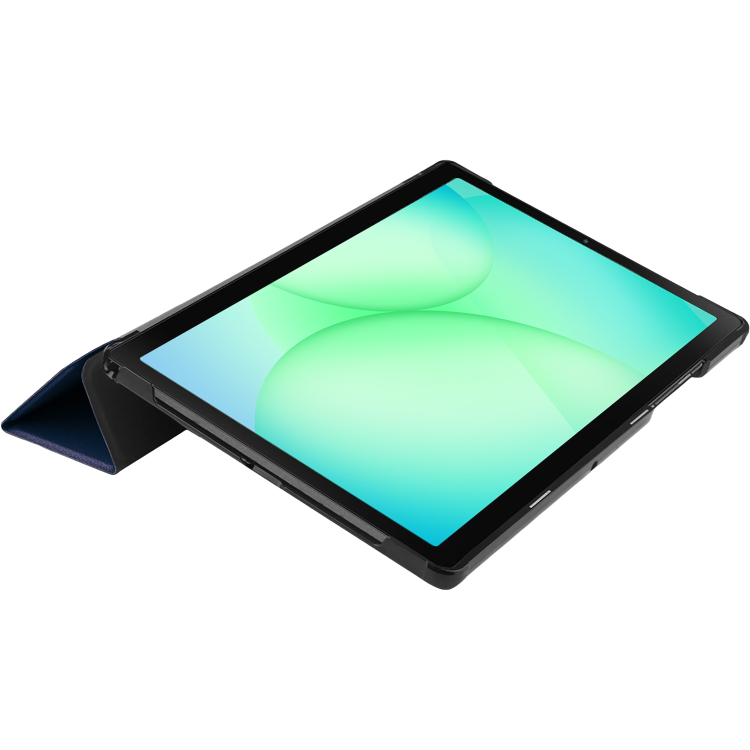 Tablet met zwart frame en heldergroen scherm op witte ondergrond. Een blauwe hoes is erachter gevouwen.